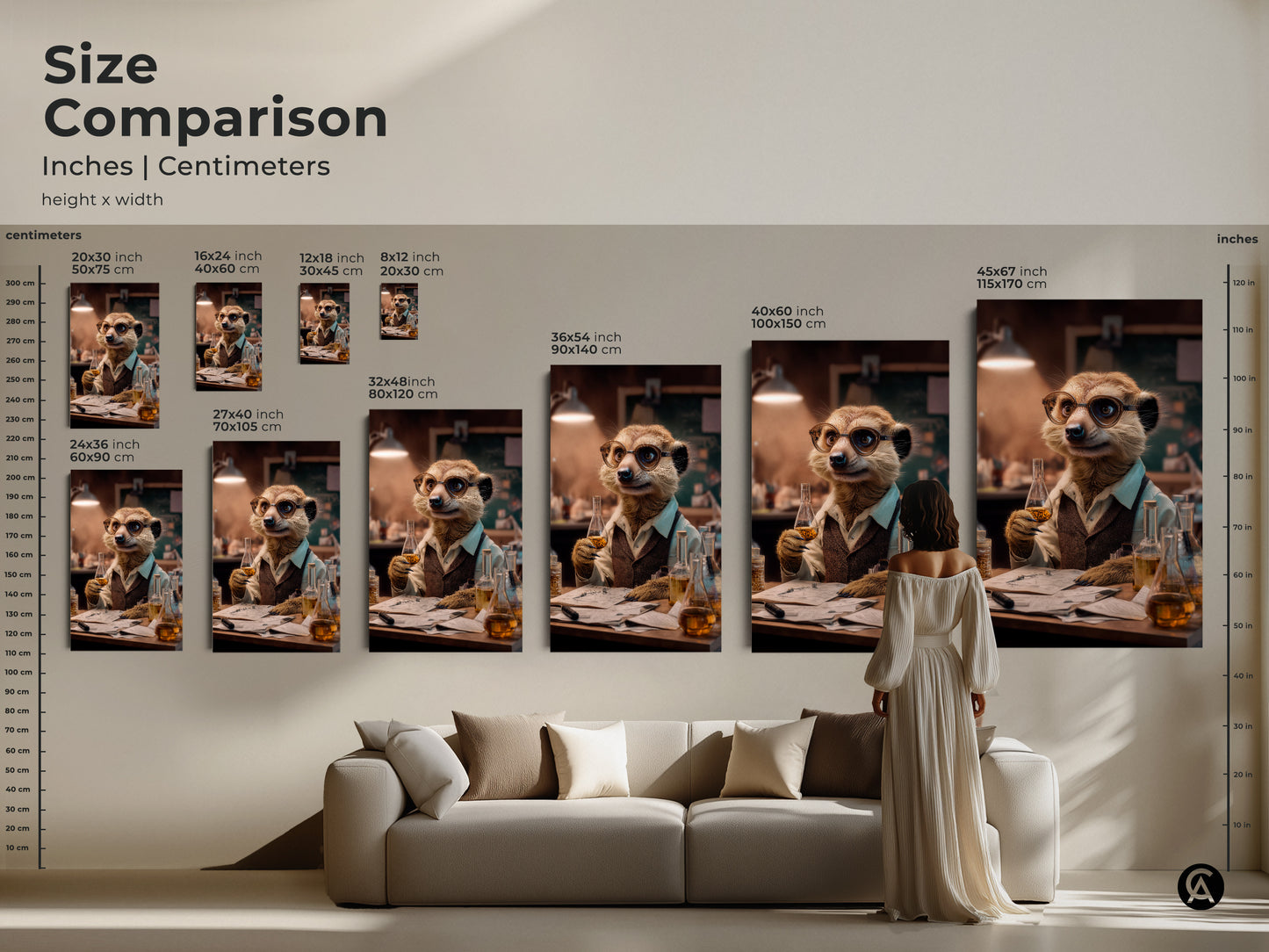 Size comparison of the lab meerkat artwork in inches and centimeters. It is displayed above a couch to showcase the art in your space. Find the perfect size for your space. It is available in multiple sizes for you to choose from.