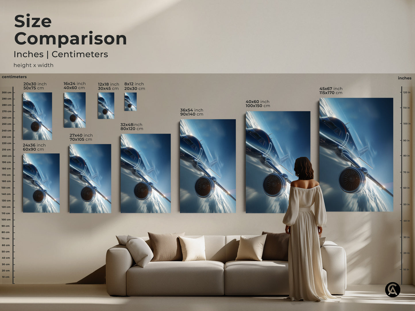 Size comparison of futuristic jet art. See how the artwork fits above a sofa. Various sizes in inches and centimeters are displayed. The modern digital painting is ideal for contemporary homes and offices.