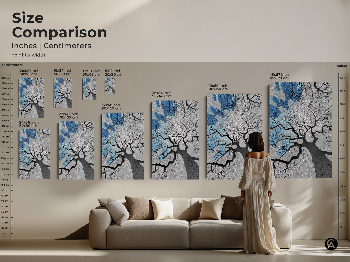 Size comparison of abstract tree art. See various canvas and poster sizes in inches and centimeters. Visualize how the artwork fits above a sofa. Perfect for planning your wall decor with nature-inspired art. Find the ideal size to complement your living space. This modern artwork enhances any room.