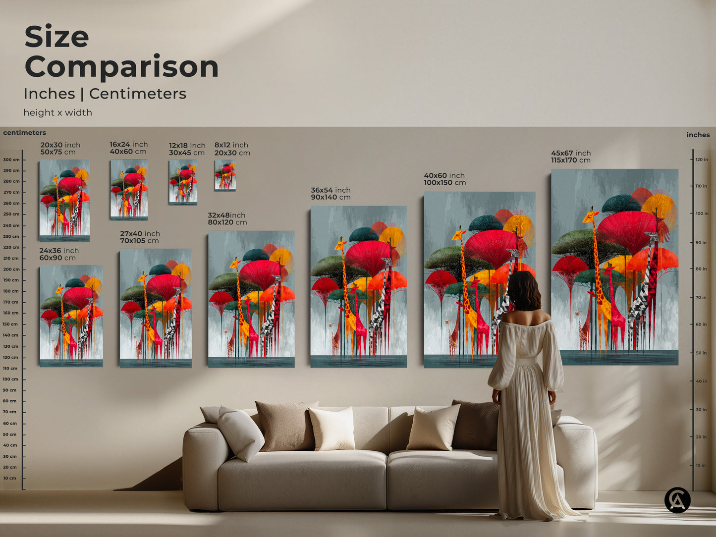 A size comparison of the Geometric Giraffe artwork inches and centimeters. The abstract animal print is shown in various sizes. Perfect for adding a modern folk art touch. From small to large this canvas is ideal for eclectic home decor and modern living room art.