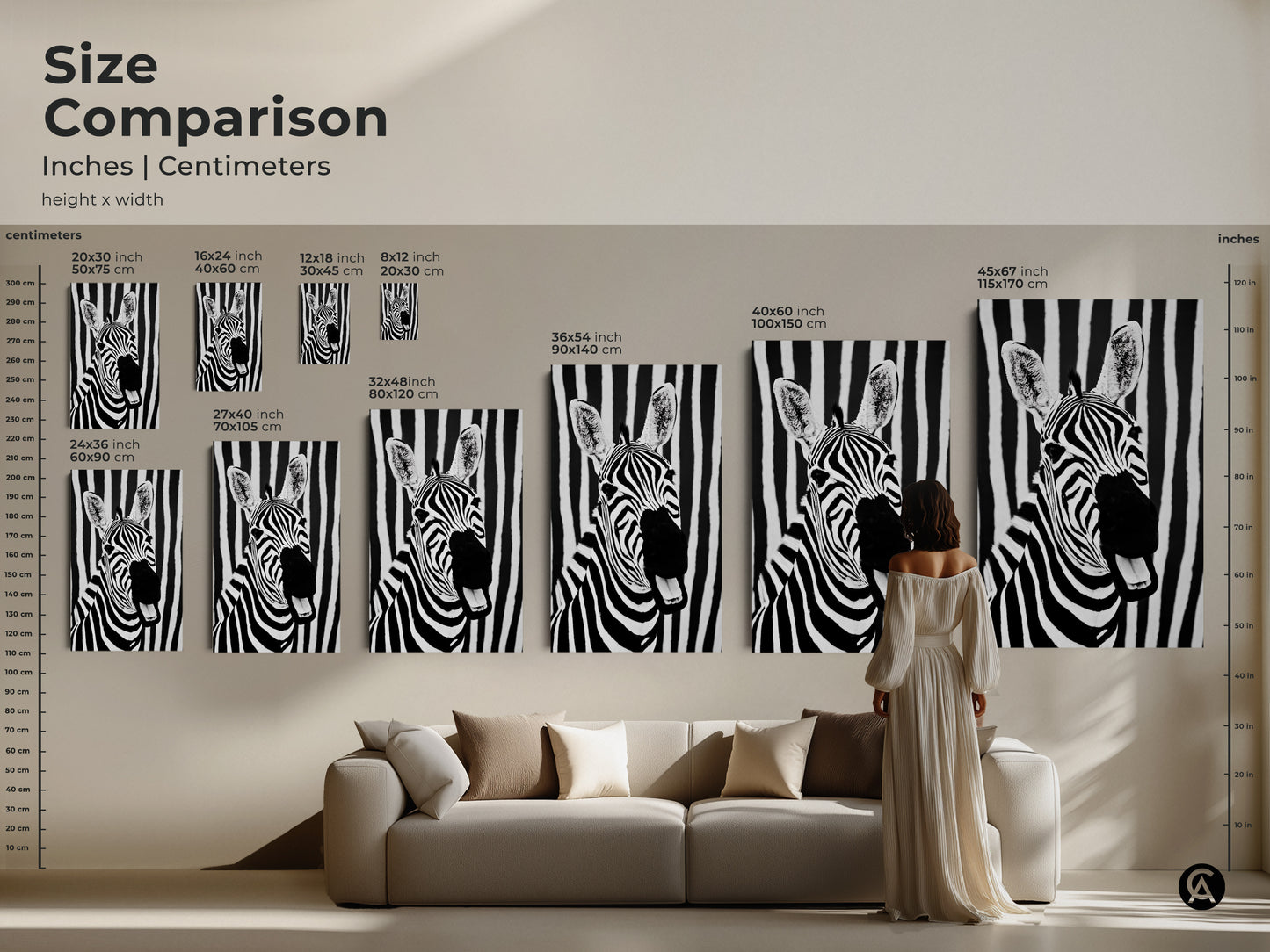 Size comparison of zebra artwork. It shows inches and centimeters for various canvas and poster sizes. Visualize the scale in a living room setting. Shop modern animal prints and minimalist wildlife decor for your home. Transform your space today.