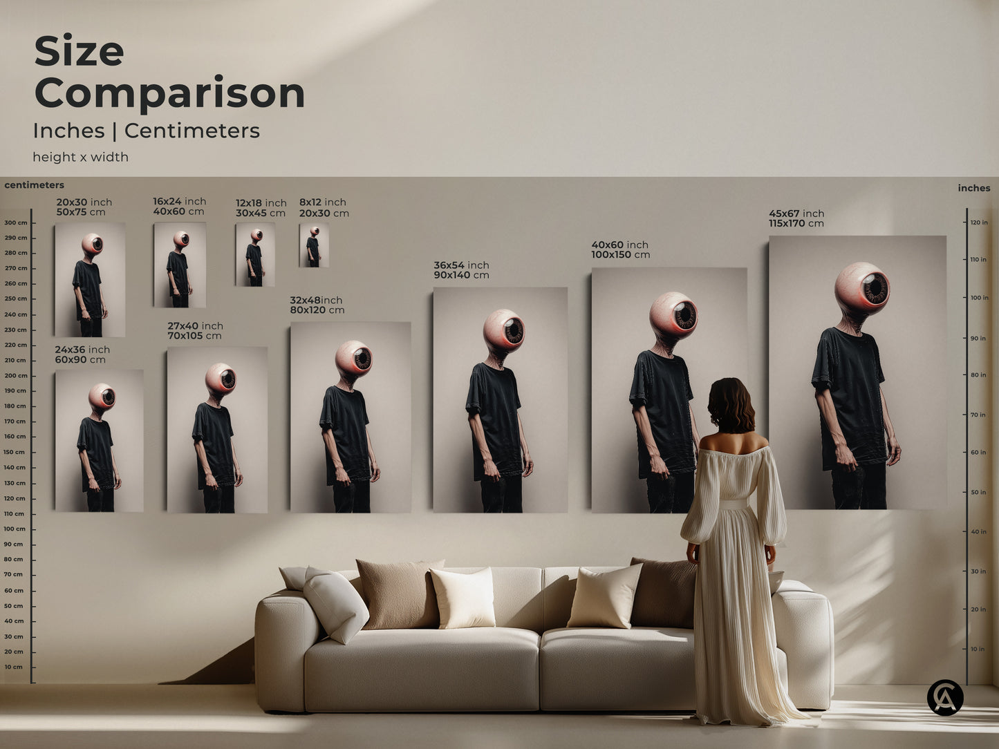 Compare sizes. See how the surreal eyeball head wall art transforms any space. From 16x24 inch prints to 45x67 inch canvases this conceptual figure art enriches your home. The dark aesthetic artwork adds eclectic charm as brown beige figure decor.