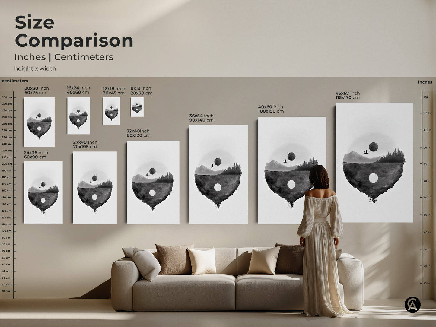 Size comparison of the minimalist floating island art in inches and centimeters. See how the surreal black and white canvas transforms a living room. Sizes range from small to large. It is perfect for adding a contemplative touch to your home decor.
