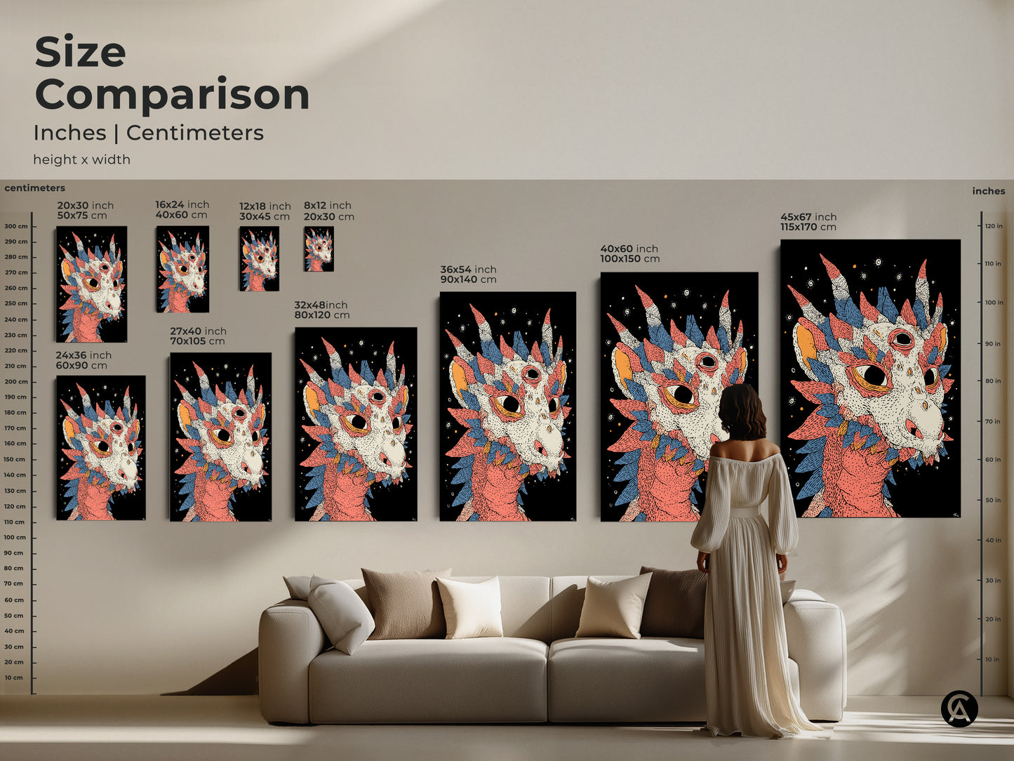 Size comparison of the dragon artwork in inches and centimeters. See how the art print transforms a living space. Various sizes are available to match your room's decor.