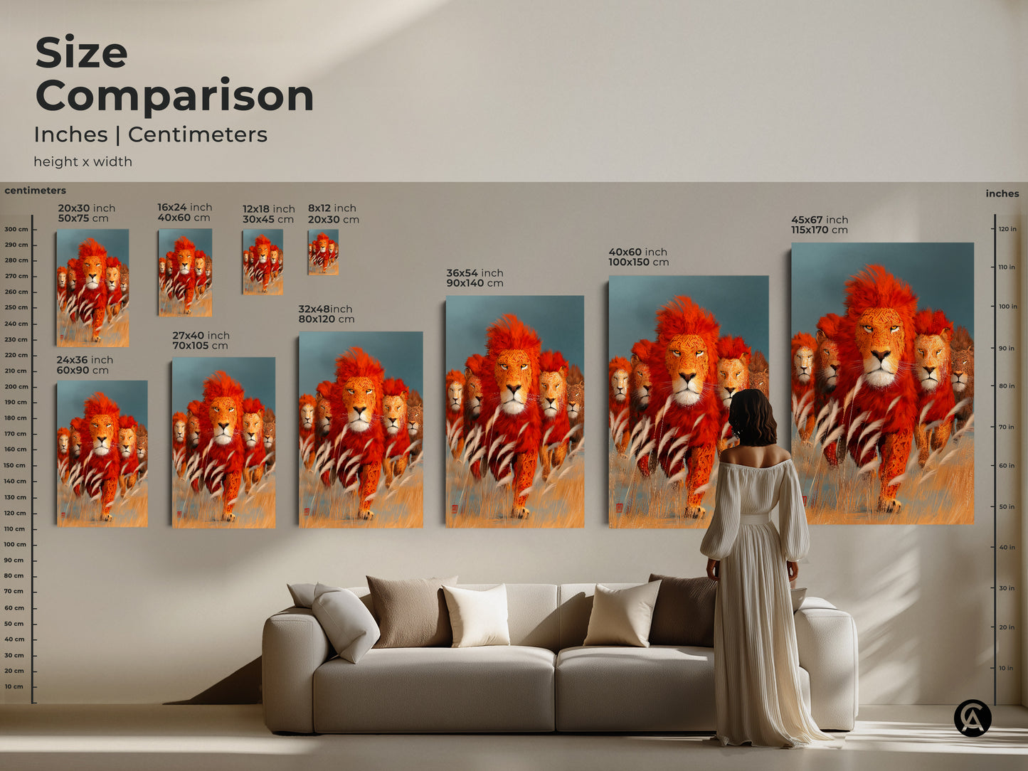 Size comparison of majestic lion family artwork in inches and centimeters. This African wildlife canvas art is available in various dimensions. It ranges from 20x30 cm to 45x67 inch. Perfect for different spaces. Visualize how the animal art for wall fits above a sofa. A unique wall hanging.