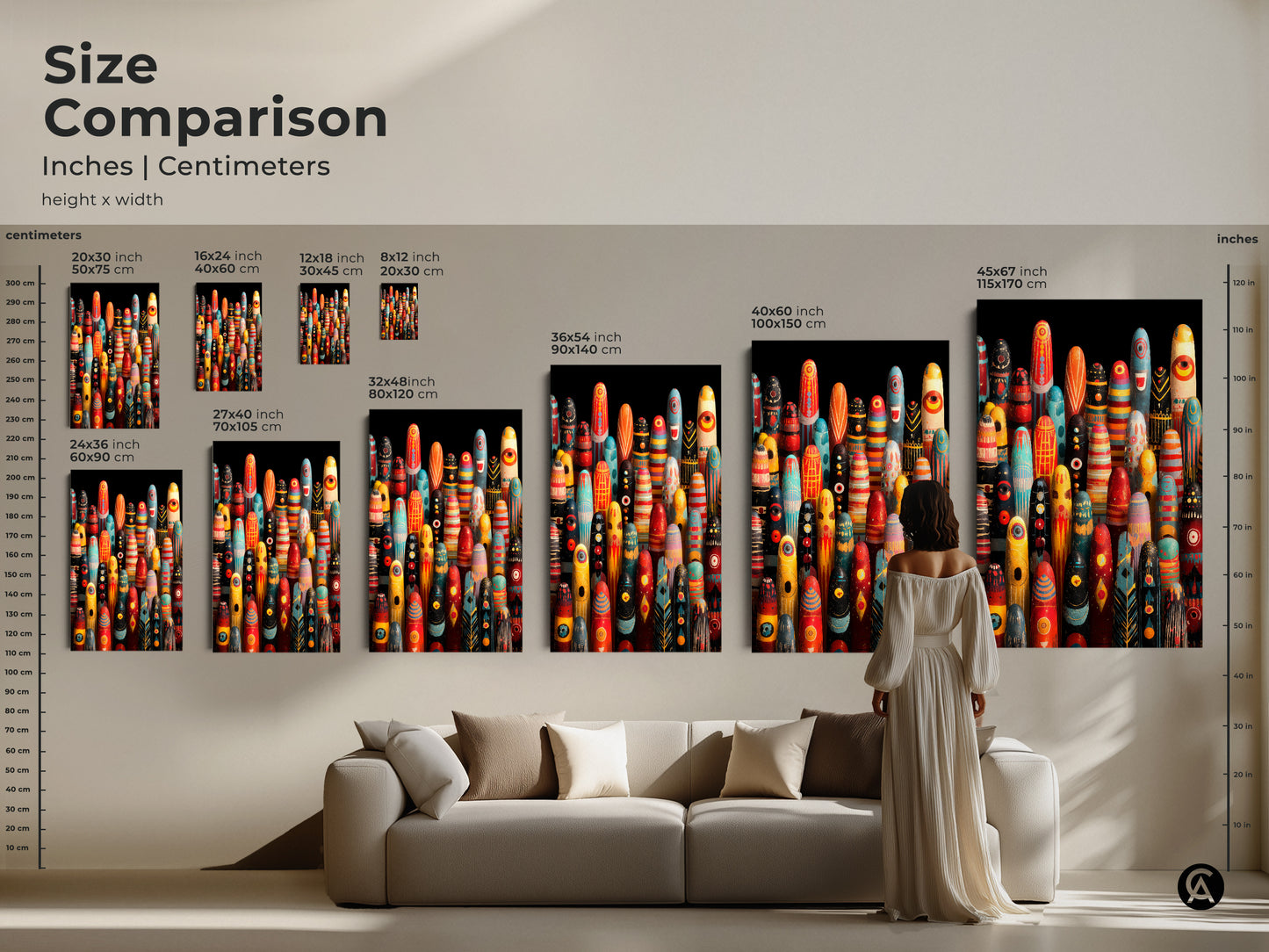 Size comparison of abstract tribal figurines wall art. This art fits above a couch. See inches and centimeters for each size option. The folk art canvas print is a great eclectic boho decor piece. Display red yellow and teal colors in your home. Get unique folk art.
