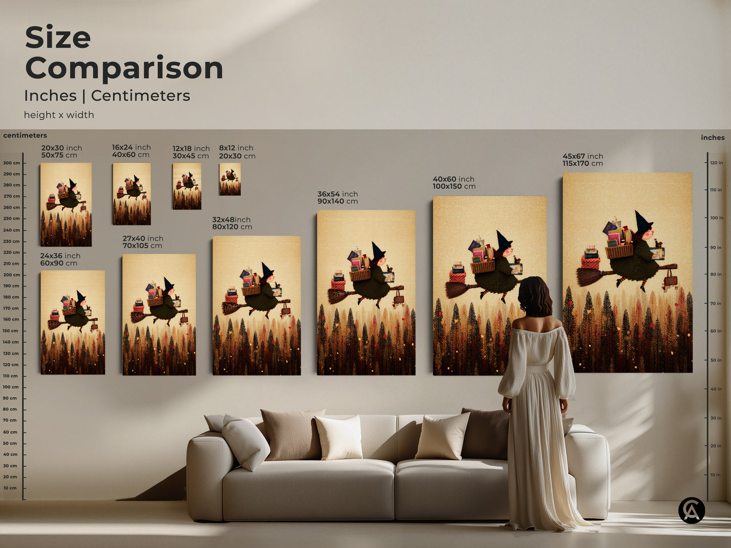 Size Comparison view of Witch Flying with Books artwork in inches and centimeters. The art is shown in various sizes ranging from small to large providing a detailed size guide. Perfect for home decor.