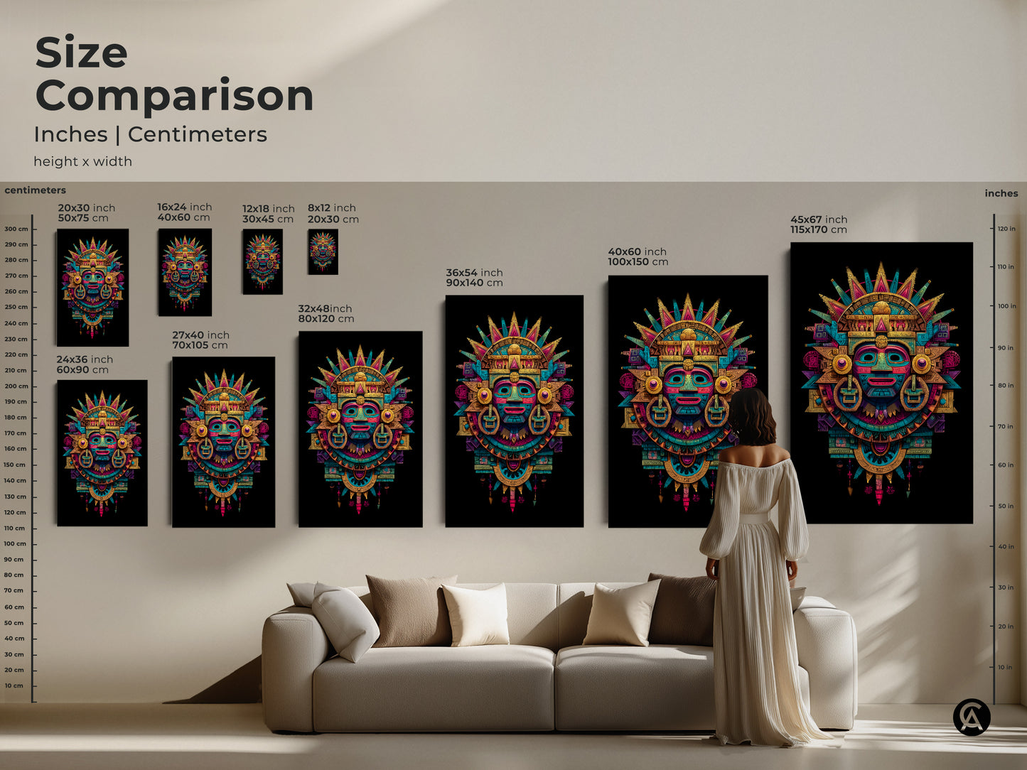 Size comparison of Mayan mask art prints. Inches and centimeters are shown. Height x width dimensions vary. The artwork is available in multiple sizes. Choose from small to extra-large canvas and poster options.