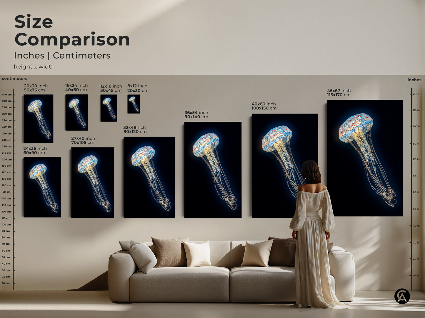 Size comparison of Contemporary Jellyfish Prints in a living room setting. Sizes range from 8x12 inch to 45x67 inch. This abstract ocean life canvas adds a touch of marine beauty to your home decor.