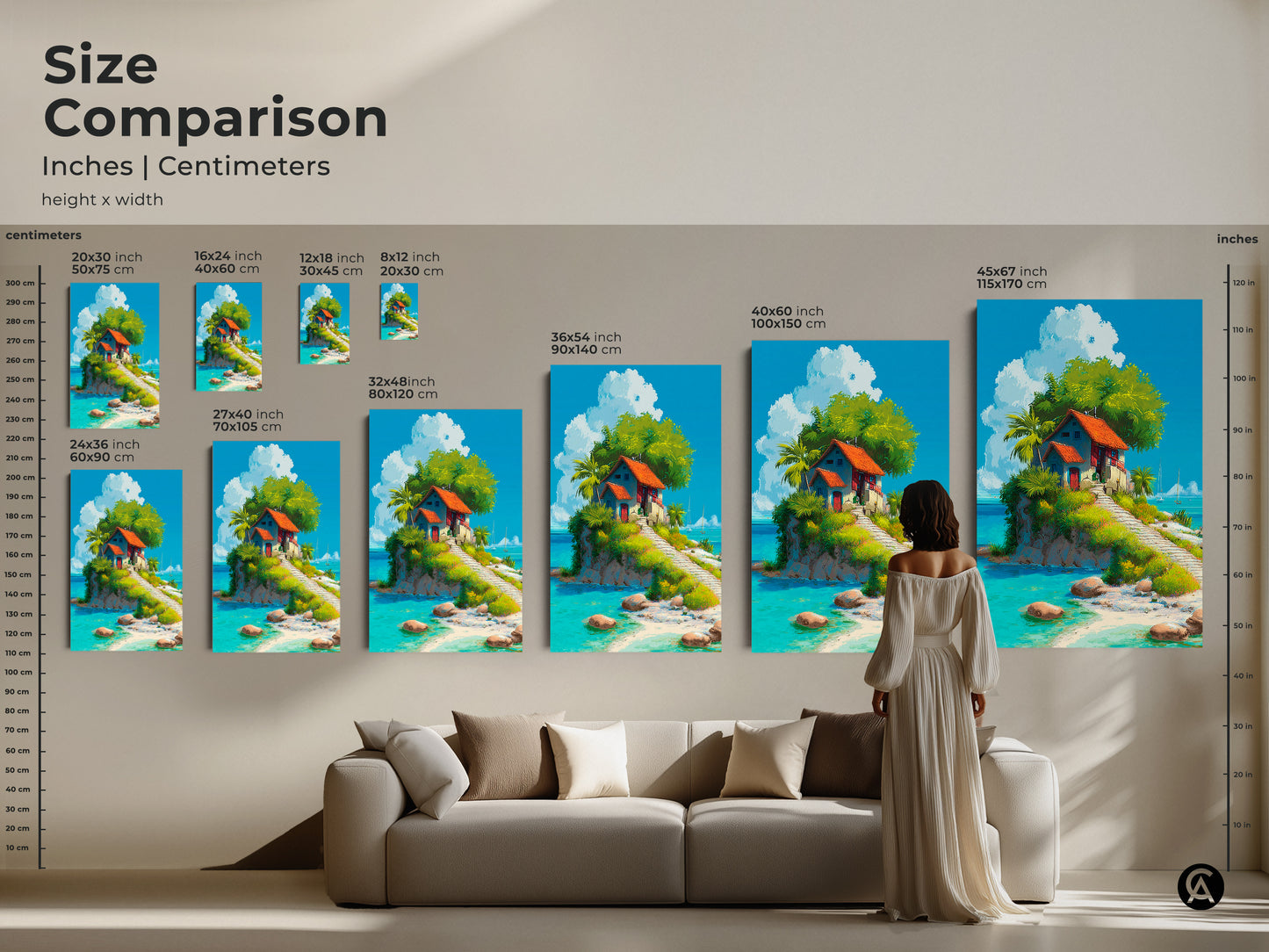 Size comparison of island art prints. See how different sizes look above a couch. The image shows canvas and poster options. Sizes range from small to extra-large. This helps visualize scale in your living space. Find the perfect size to enhance your home decor. Shop island art now.