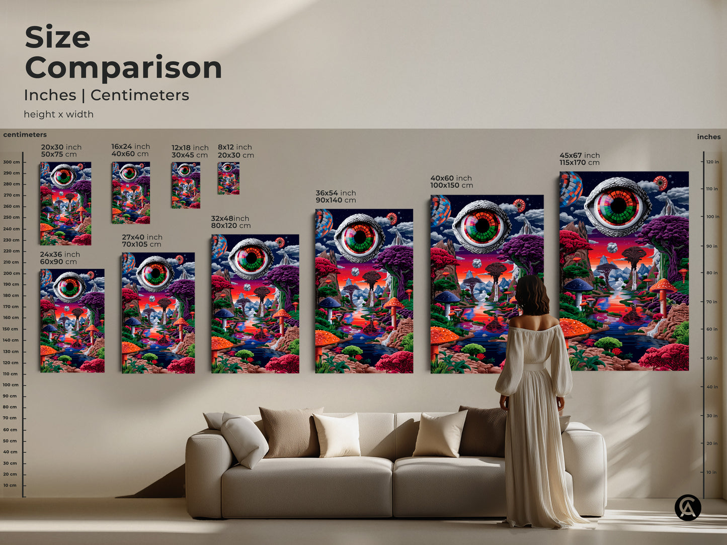 Size comparison of Eye See You artwork. Various sizes are available. From small to large discover the perfect fit for your living room. A woman stands next to the art for scale reference. Bring this psychedelic mushroom landscape home today.