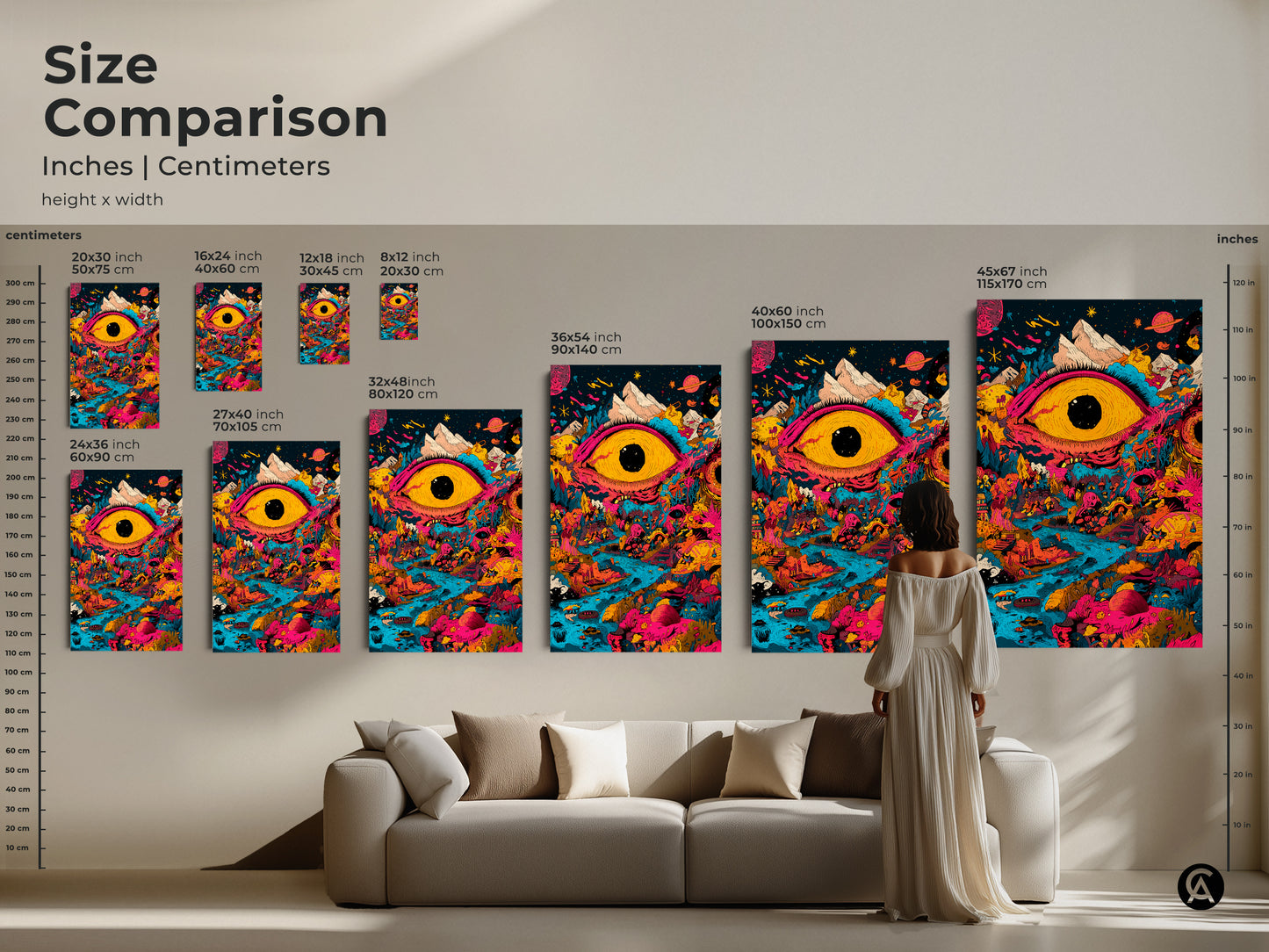 Compare sizes and visualize this surreal eye artwork in your space. This size comparison image shows how the poster and canvas prints look in different dimensions. Find the perfect size to make a statement in your home decor.