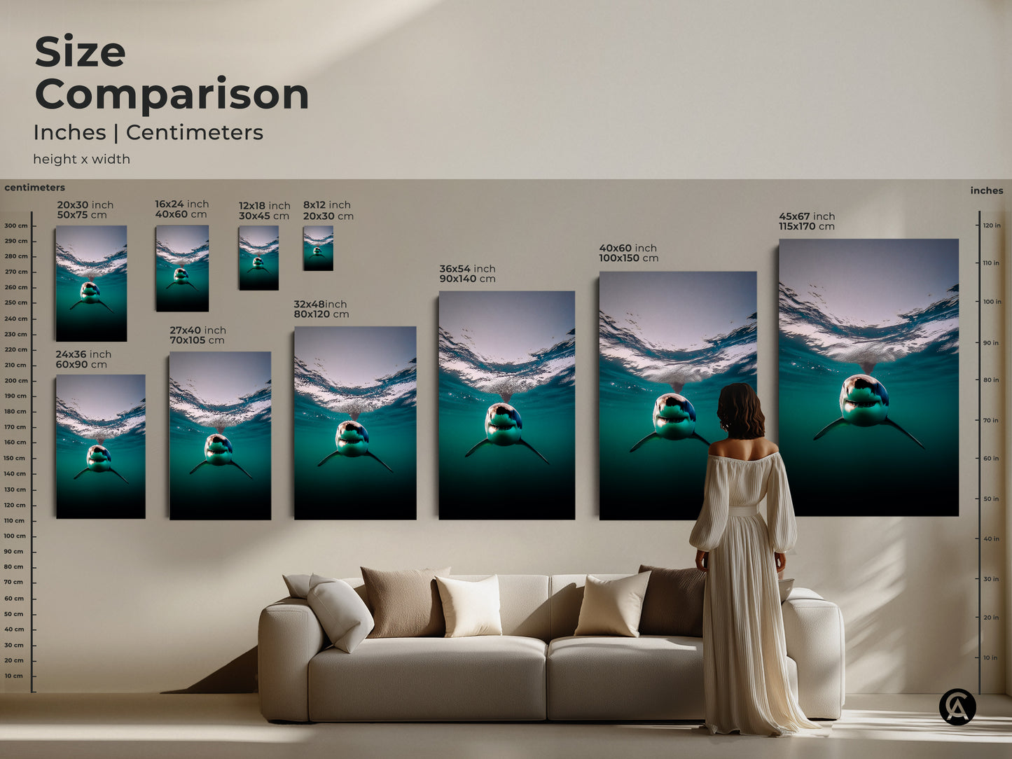 Compare sizes of our great white shark canvas prints. See how the artwork scales in inches and centimeters. Visualize the deep blue underwater art in your living space. Discover the perfect dimensions for your contemporary animal canvas. Transform your space with ocean wildlife art.