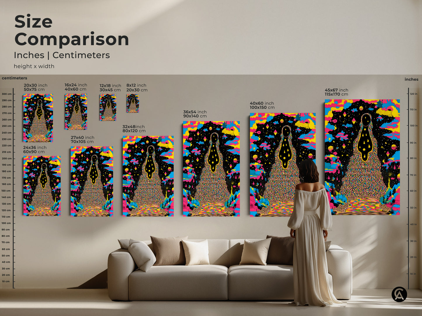 See a size comparison of psychedelic wall art. Sizes range from small 8x12 inches to large 45x67 inches. The abstract landscape print features surreal cosmic art. This colorful figure art elevates any eclectic home decor. The yellow blue and black canvas creates a unique vibrant cosmic art print. Perfect for any room.