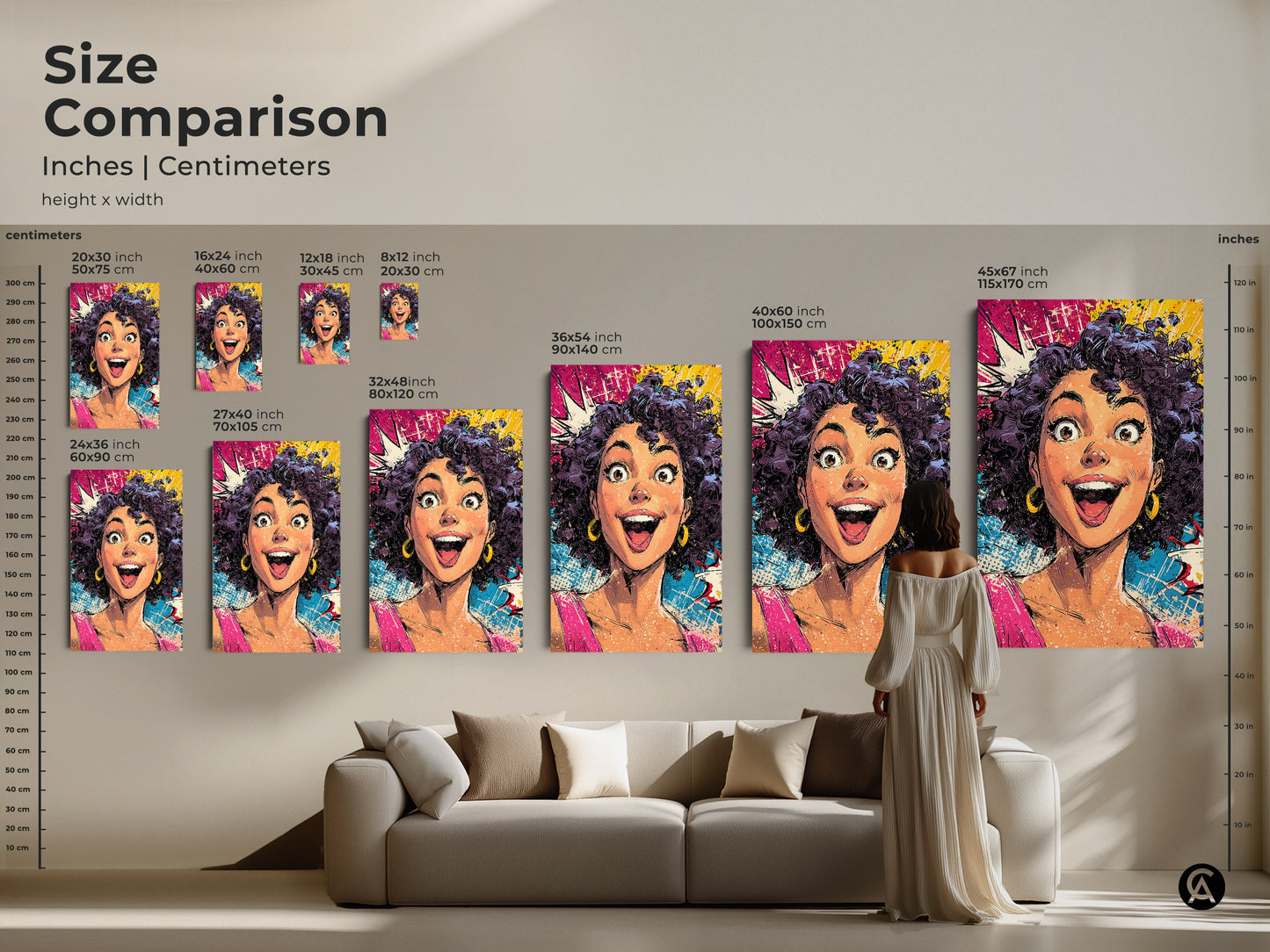Size comparison of a pop art woman canvas print. See how different sizes fit above a couch. The artwork features a bold comic book style with pink yellow and blue accents. Perfect as eclectic home decor or a statement piece for any pop culture fan this artwork brings energy and a unique aesthetic