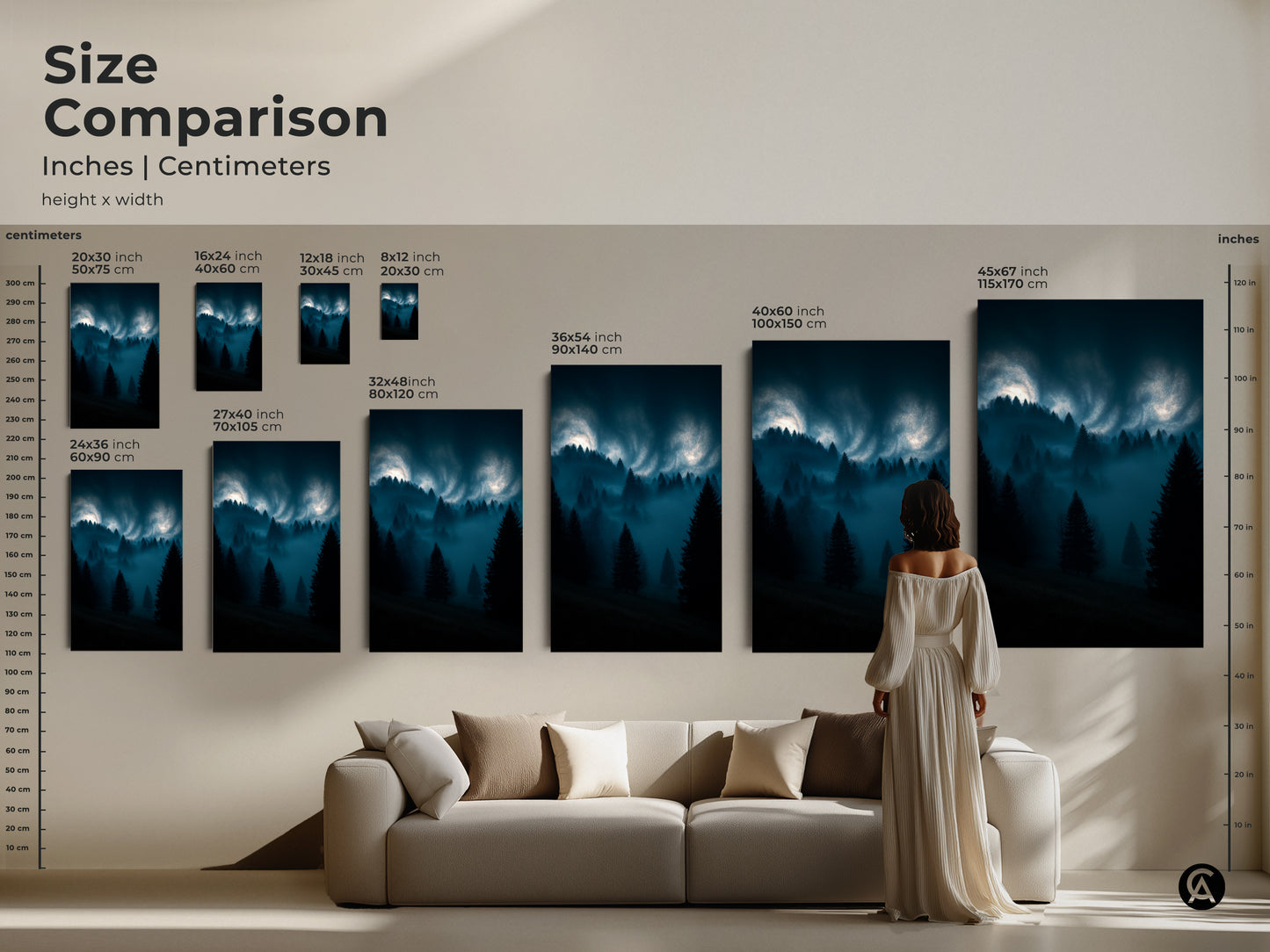 Size comparison of misty forest wall art in inches and centimeters. See the dark teal pine trees artwork in various sizes above a couch. Perfect modern home decor.