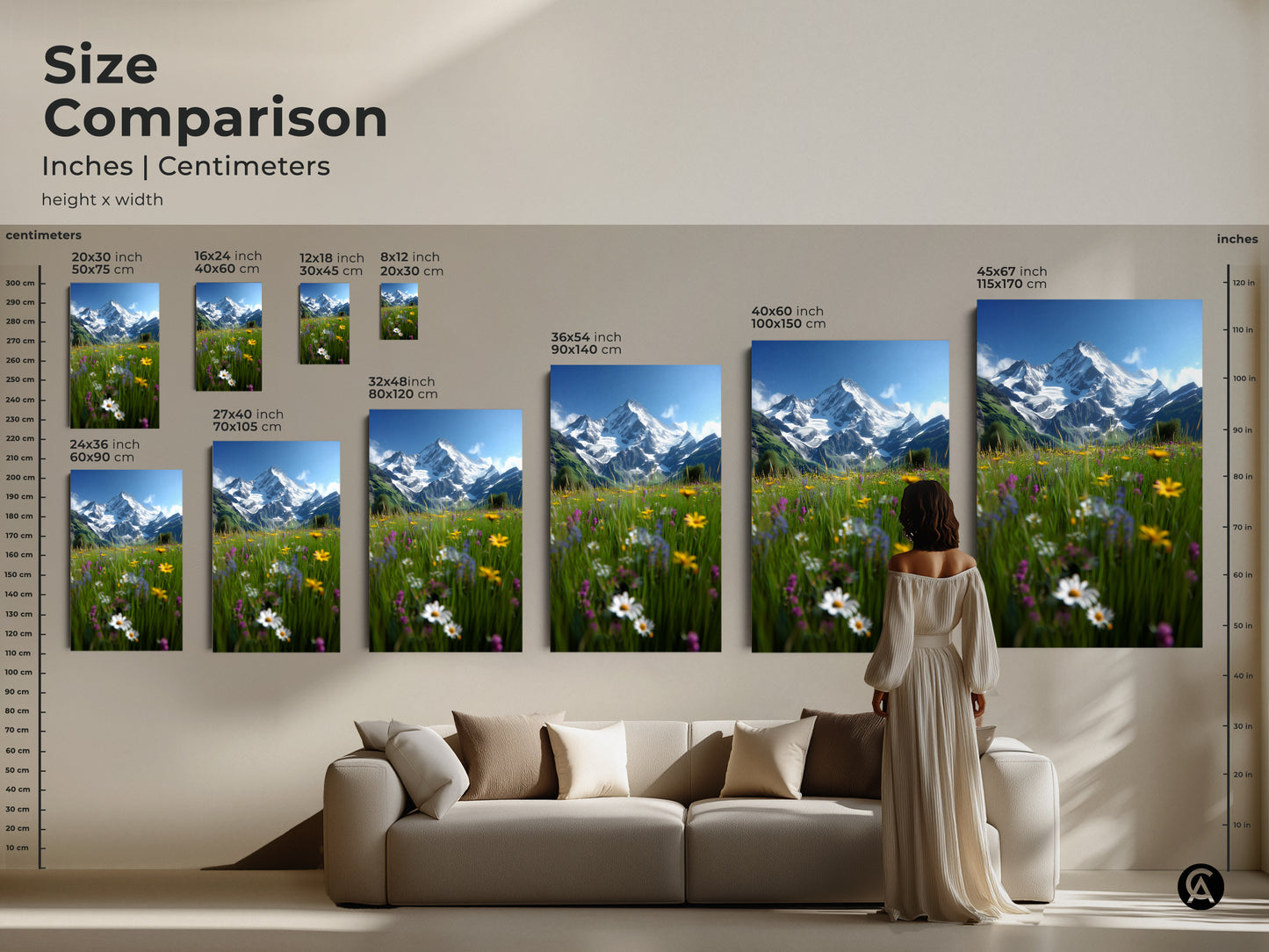 Size comparison of alpine flowers and snow mountain artwork in inches and centimeters. See how the art fits above a sofa. Choose from various sizes. Bring this impressionistic landscape into your home. This canvas print makes a great housewarming gift. Enhance your living space.