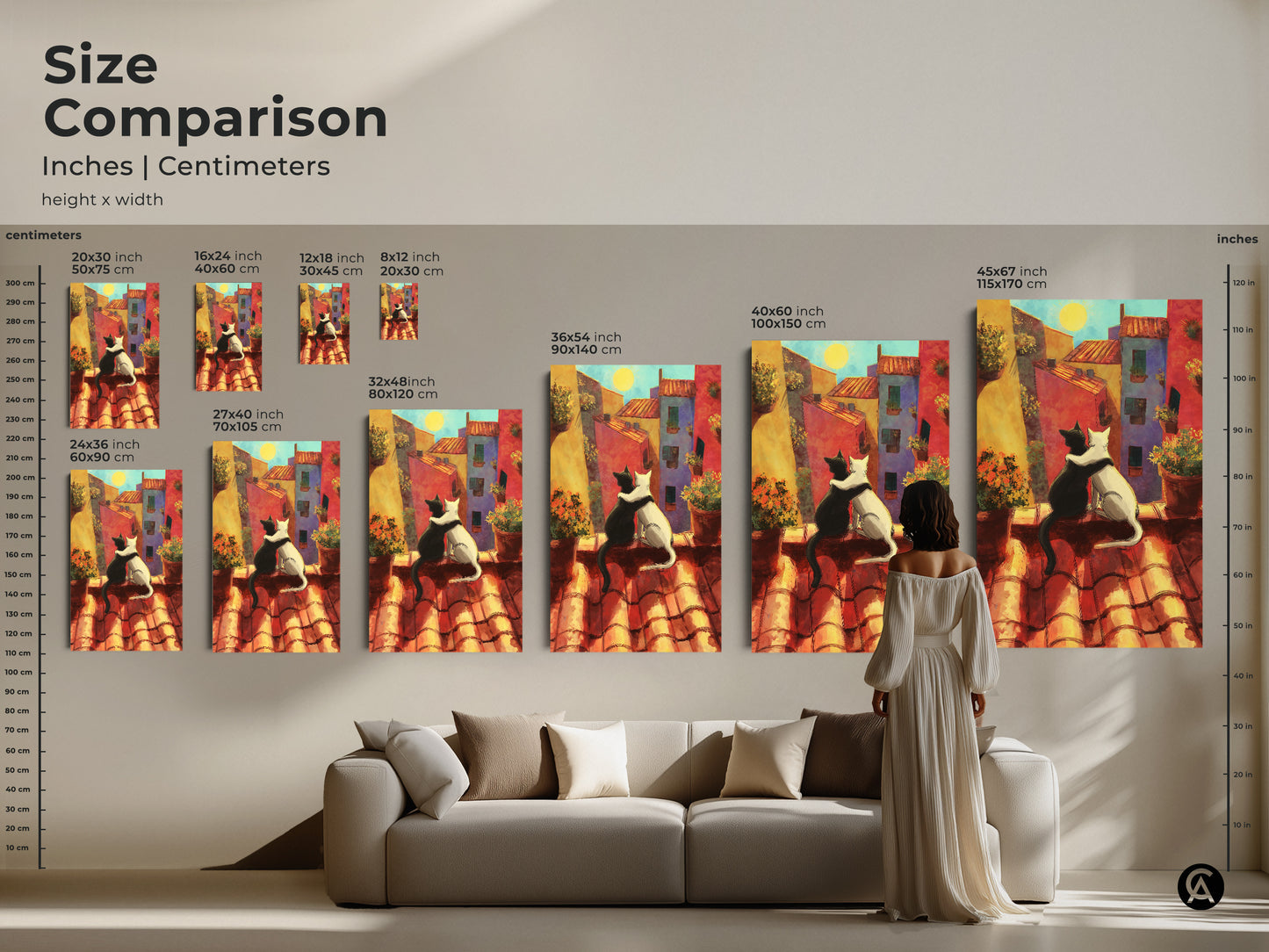 Size comparison of cat couple art prints in inches and centimeters. Visualize the art above a sofa. See how the sizes range from small to large. Find the perfect scale for your wall decor.