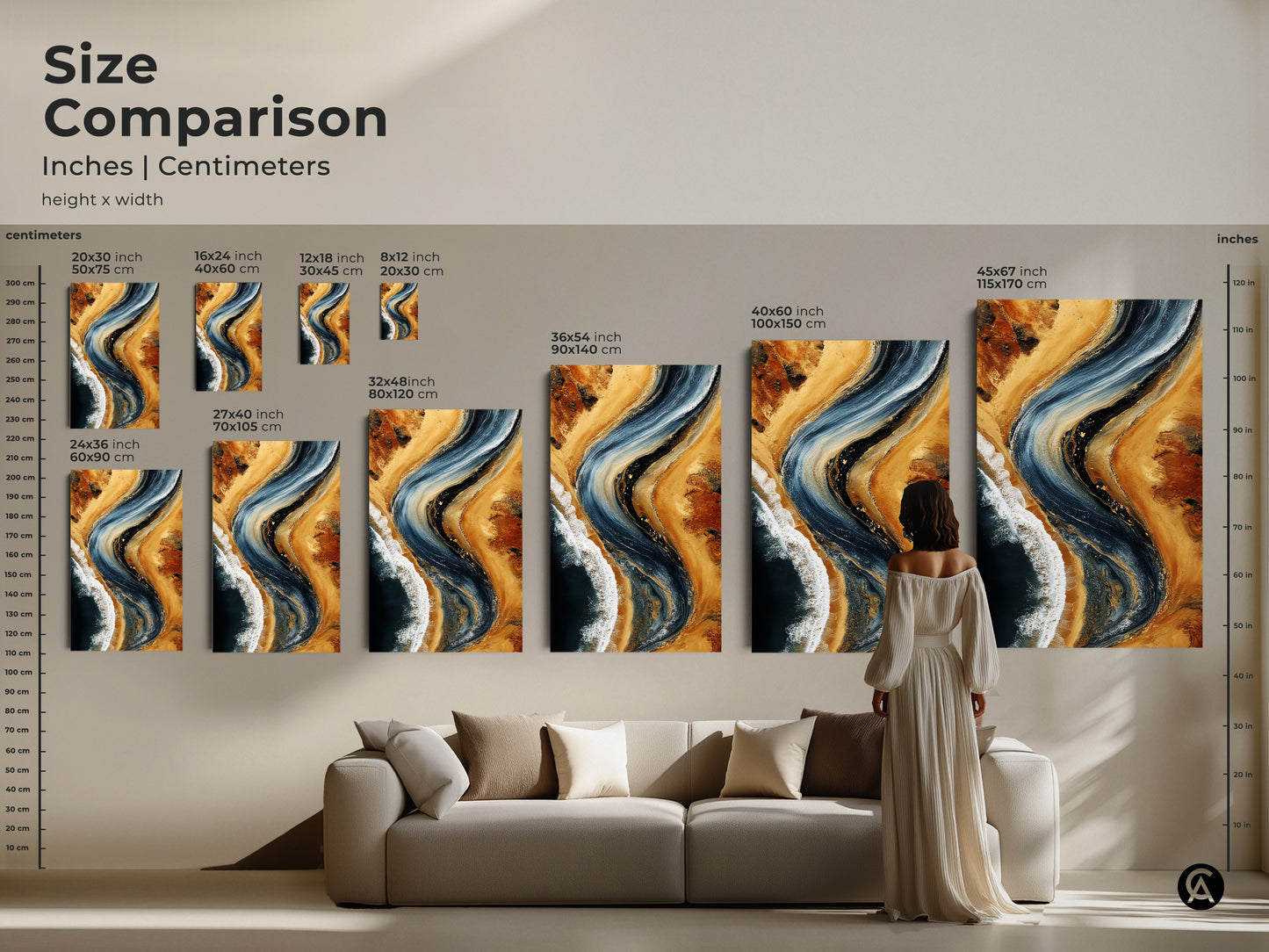 Size comparison of deep blue and sandy beige abstract artwork in inches and centimeters. The ocean wave fluid print is available in various sizes. Perfect for bedroom living room or office wall decor. Find the right scale for your space.