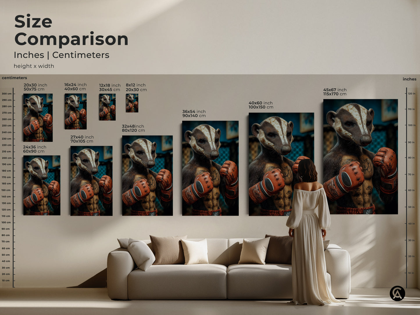 Size comparison showcasing the Badger Boxer art print. See it in inches and centimeters alongside stylish home decor. Visualize different sizes to fit your space. Perfect for office wall decor or a unique eclectic gift. Find the ideal sports animal artwork for your home.