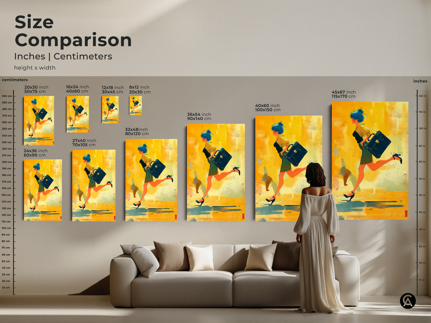 Size comparison of abstract woman with briefcase art. Modern wall art in various sizes in inches and centimeters. Envision this contemporary abstract art in your space.