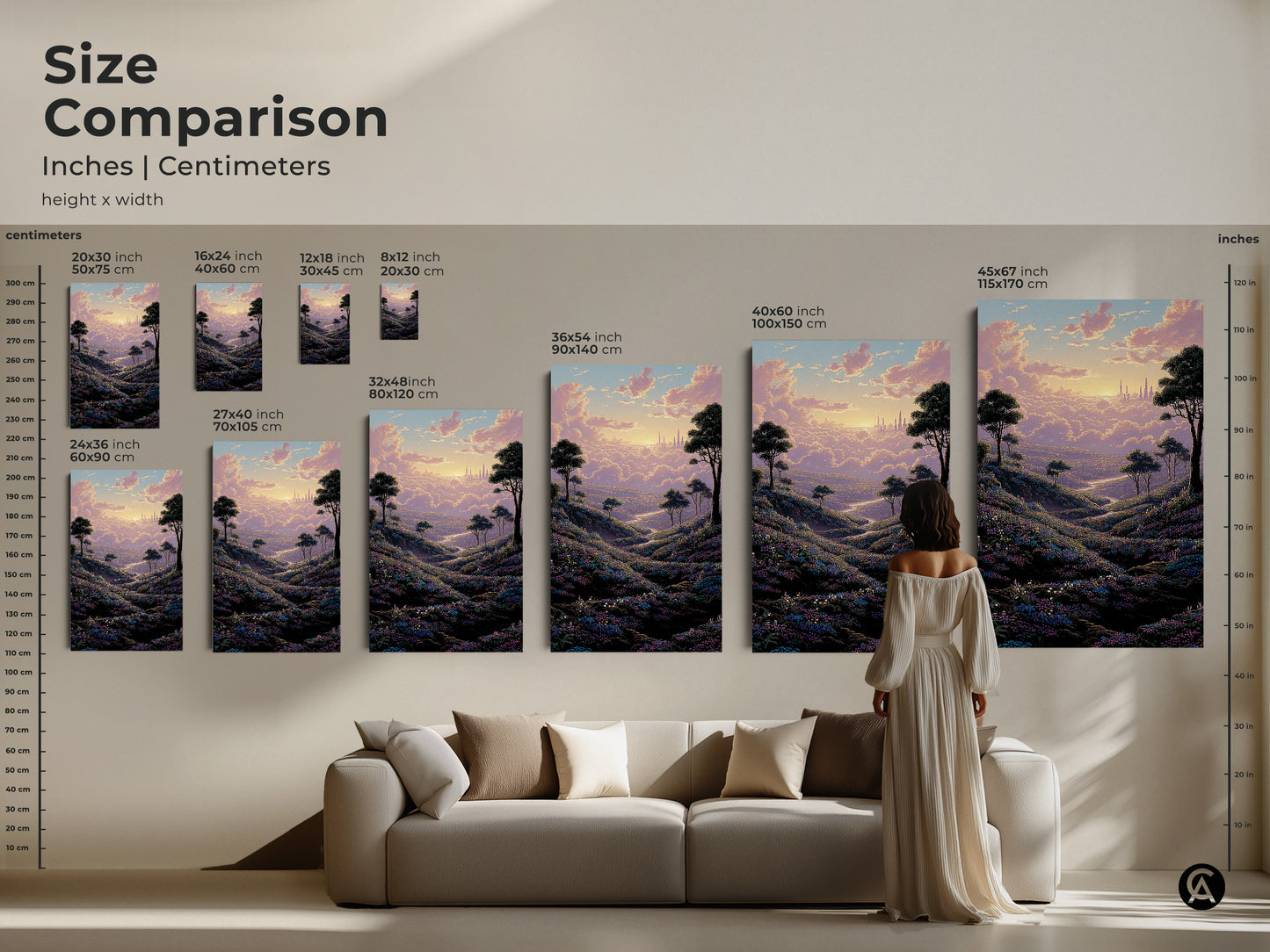 Size comparison of our dreamy cityscape art print. See how different sizes fit above a sofa. Perfect pastel art for eclectic home decor or a thoughtful housewarming gift for fantasy art lovers.