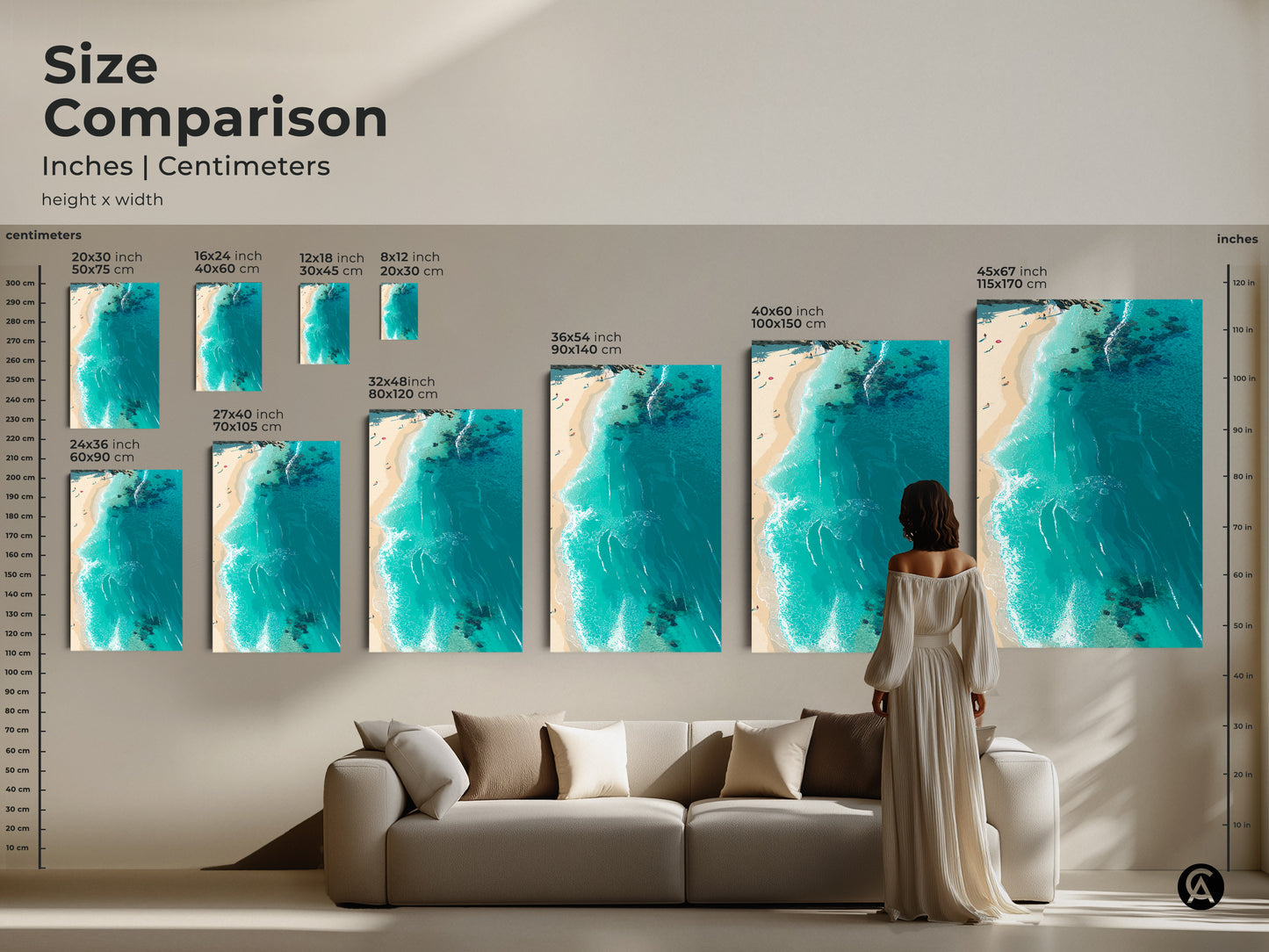 Size comparison of beach artwork prints. The image shows various canvas and poster sizes in inches and centimeters. A person stands to show scale. Visualize how each piece complements your living room decor.