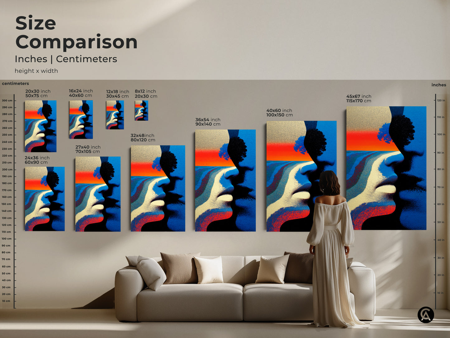 A size comparison of the couple faces tree landscape artwork. Available on canvas and poster prints in various dimensions. Choose from many sizes to fit your wall and create that perfect wall.