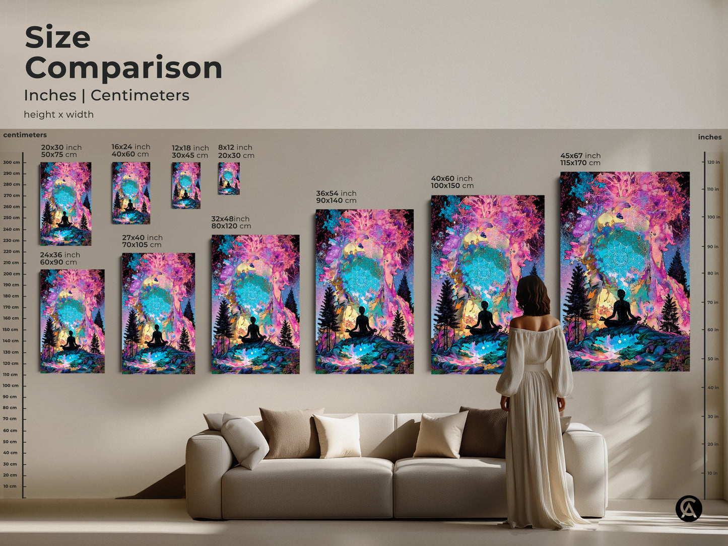 Compare sizes of spiritual artwork. View canvas and poster sizes in inches and centimeters. Find the perfect fit for your space. Shop now to bring a touch of zen to your home decor today.