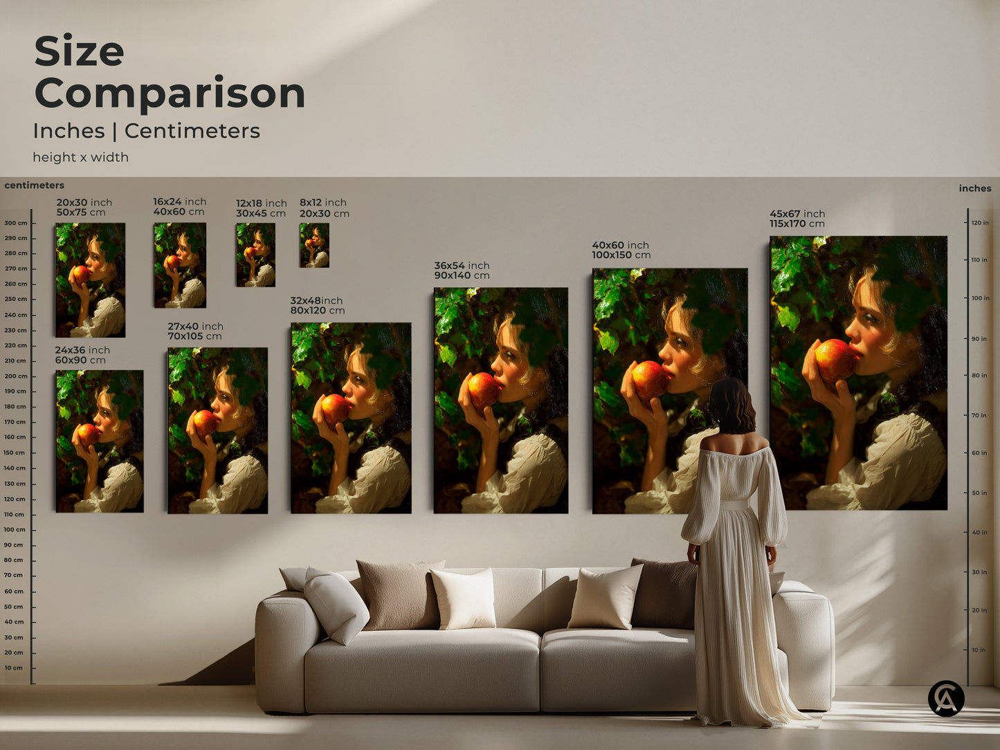 Size comparison of the woman with apple classical realism artwork. This traditional fine art print is available in various dimensions. See how each size complements your living space. Add a touch of vintage elegance today.