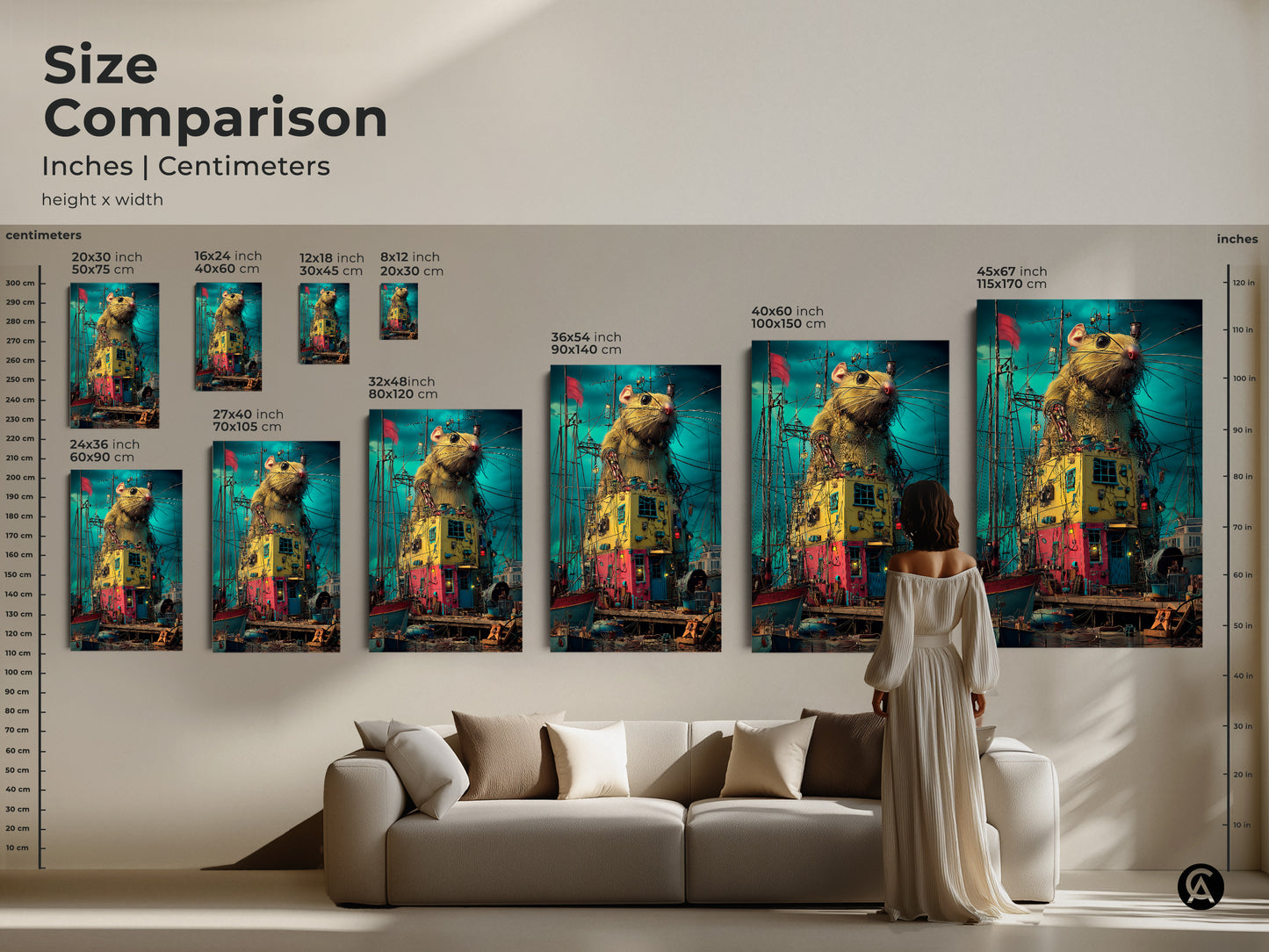 Compare the size of the steampunk rat artwork across different canvas dimensions. This unique animal print features a surreal harbor. Ideal for adding a touch of fantasy and industrial art to any room. Visualize how it fits with your living room decor.
