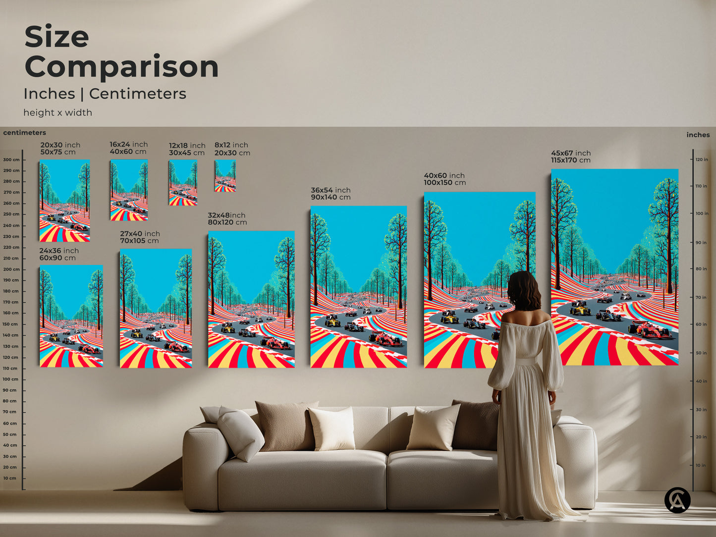 A size comparison displays Formula 1 racing art in inches and centimeters. The art comes in different height and width. This modern motorsport wall hanging is best for home and office decor. The abstract vehicle art is a great office birthday gift. Perfect for vibrant decor.