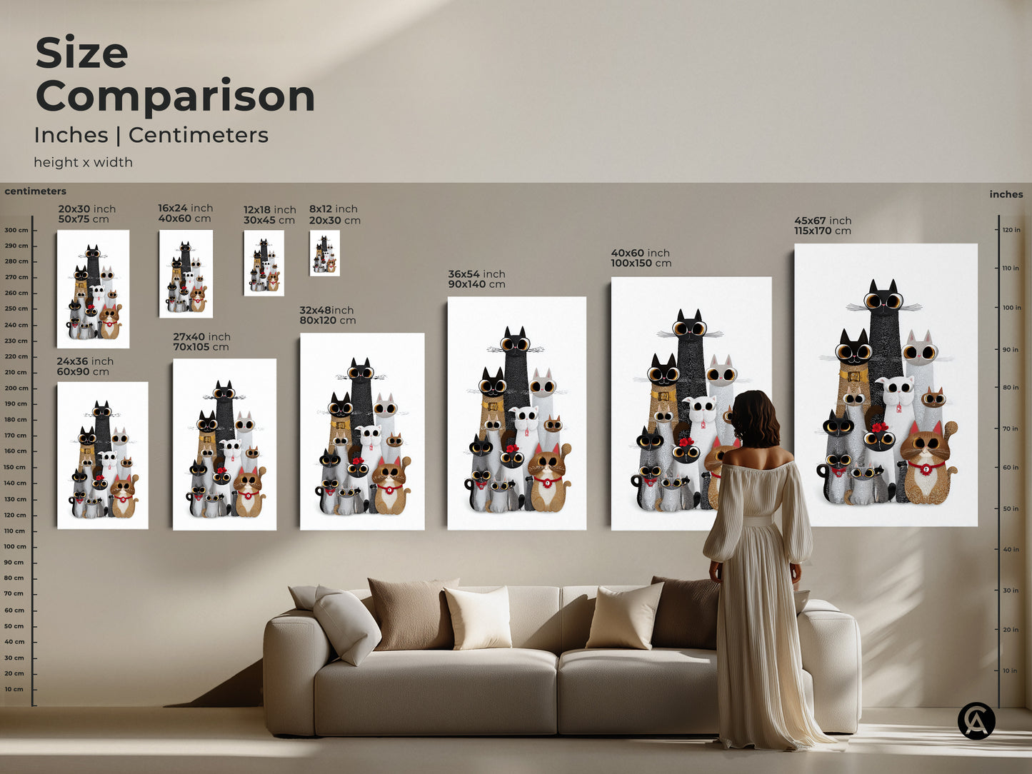 Size comparison of cute cat art prints. Shown in inches and centimeters this whimsical animal wall art comes in various sizes. Perfect for eclectic homes and cat lovers. Find the ideal size for your space.
