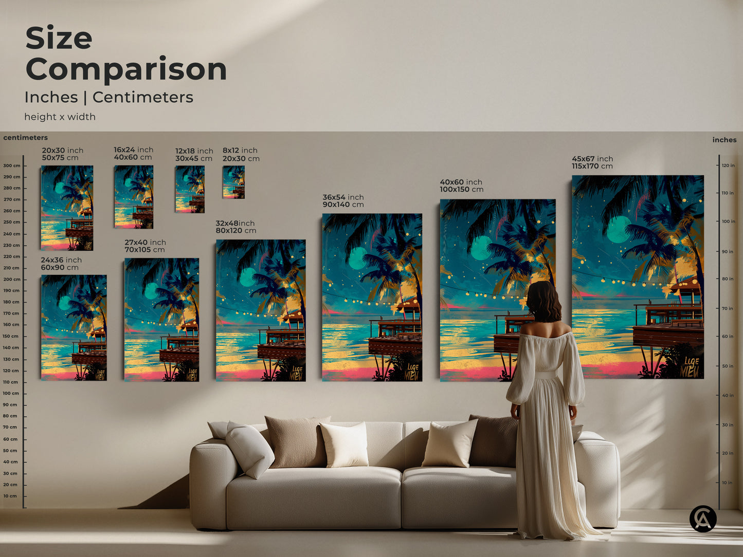 A woman admires framed tropical beach bar canvas artwork. The art features a teal blue and yellow aesthetic. It's a perfect piece of boho coastal wall decor. The serene ocean view and palm trees create a relaxing atmosphere. Available as a beach lovers gift or housewarming present art.