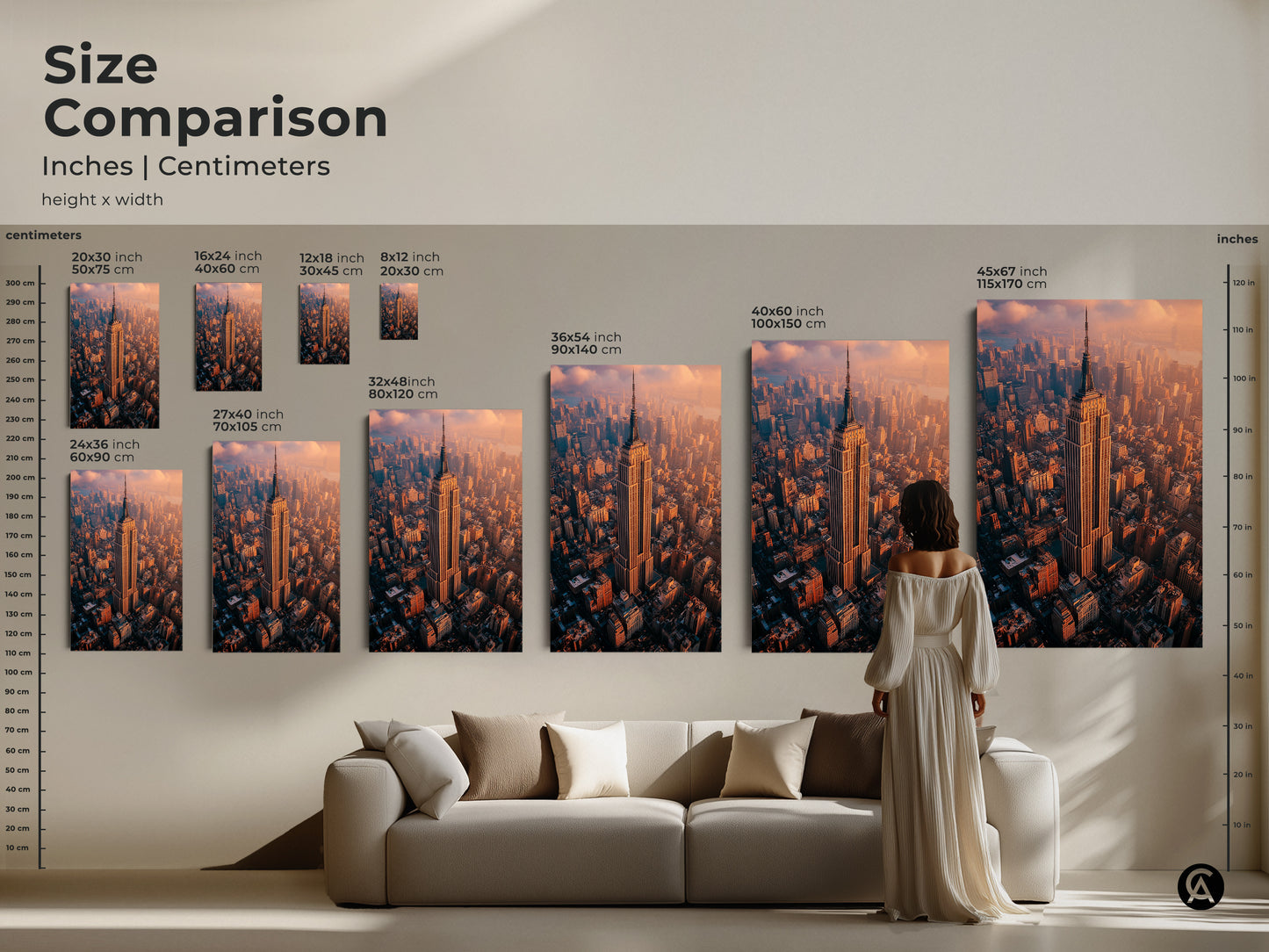 Size comparison of Empire State Building art prints in inches and centimeters. Visualize how the artwork fits above furniture. Sizes range from small 8x12 to extra-large 45x67. The art is a perfect focal point for any room.