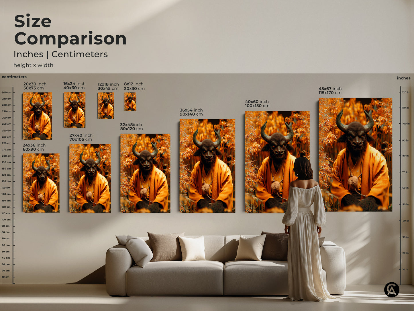 Size comparison of Minotaur Monk artwork in inches and centimeters. See how different sizes fit above a sofa. Choose from various dimensions to suit your space. This artwork is available as canvas or poster prints. It will enhance your decor.