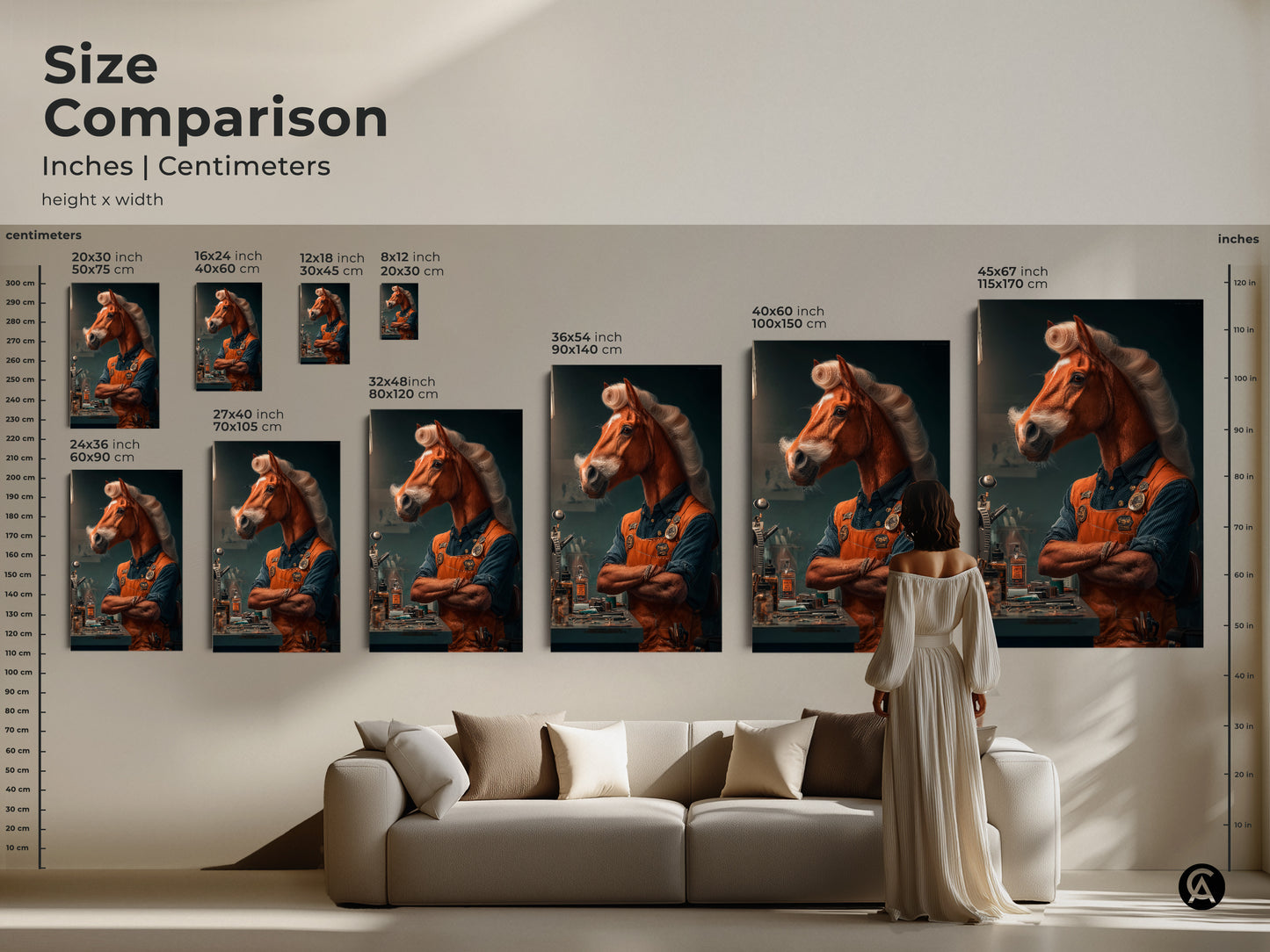 Size comparison of surreal horseman artwork in inches and centimeters. This unique animal art print is perfect for an office space. Various sizes are displayed above a sofa to help visualize scale.