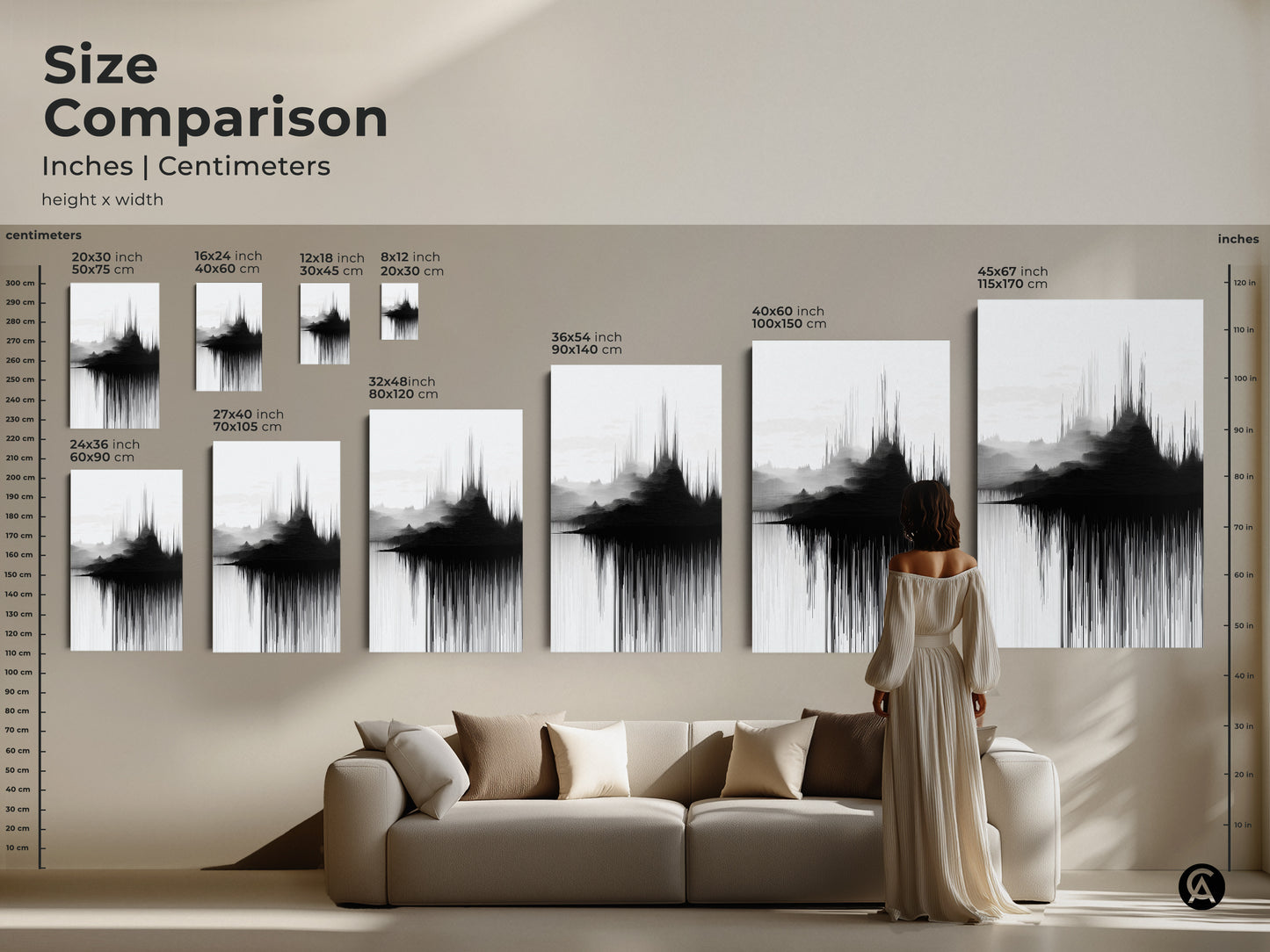 Size comparison displays the scale of abstract soundwave mountain artwork in various sizes on canvas. Visualize how these minimalist black and white art pieces fit above furniture. Choose the ideal contemporary wall art size to enhance your living room.