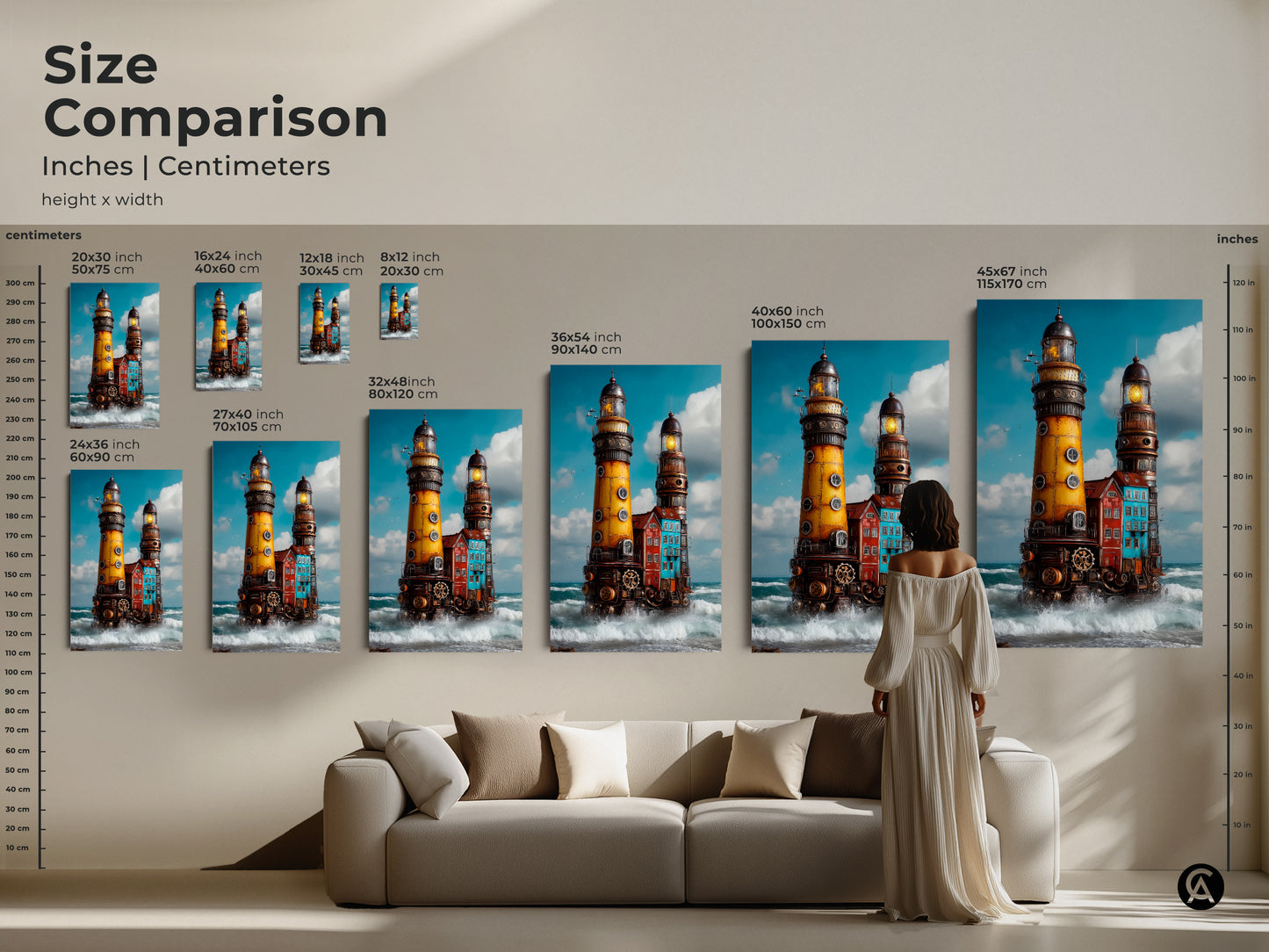 Size comparison for steampunk lighthouse art prints in inches and centimeters. Industrial nautical coastal wall art options range from small to extra-large canvas. See how it will look in your living room.