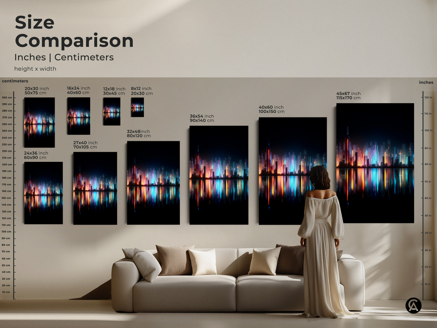Size comparison of cityscape art prints. See how different sizes look above a sofa. Choose from canvas or poster options. Find the ideal size to enhance your living space with vibrant art.