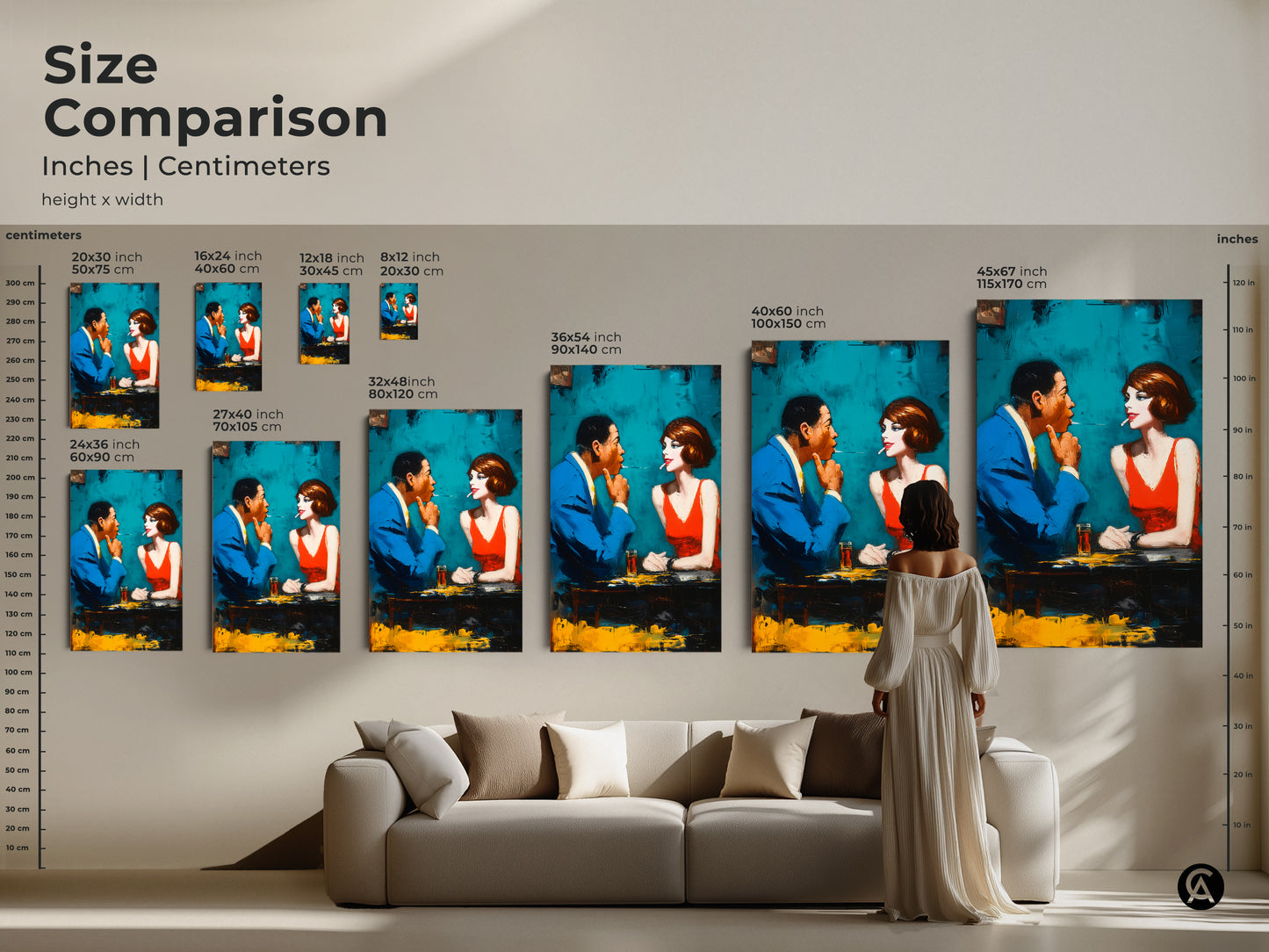Compare sizes and find the perfect fit for your space. This artwork features a stylish man and woman. They are sharing a cigarette. See how different sizes look in a living room setting. Choose from various dimensions to suit your needs. Shop now for unique art prints and transform your home.