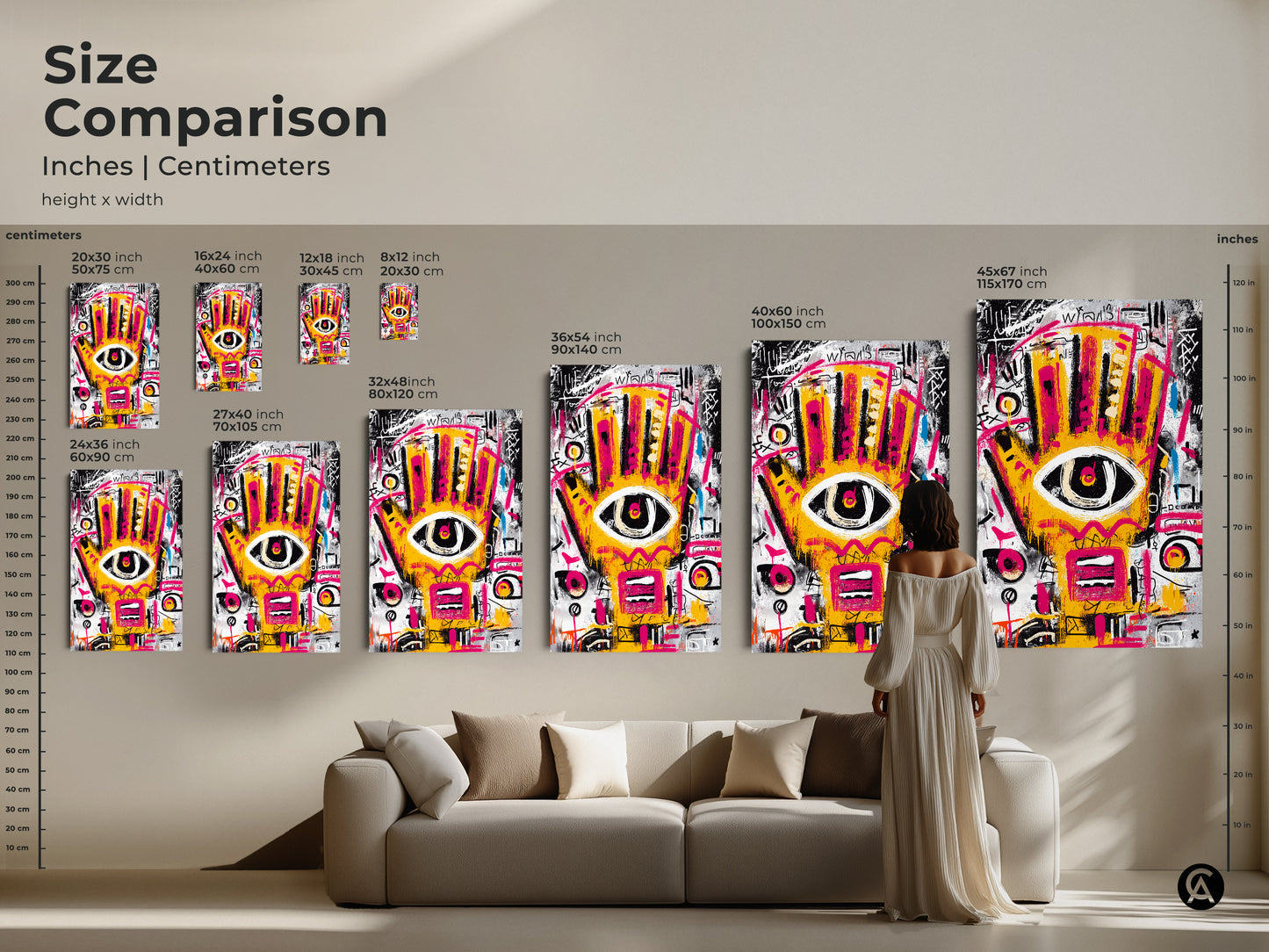 Size comparison of abstract artwork. See the yellow and pink hand with an eye in various dimensions. Find the perfect size for your space. Artwork available in inches and centimeters.