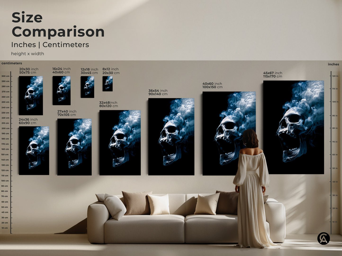 Size comparison of skull artwork in inches and centimeters. See how different sizes fit above a sofa. Choose from various dimensions to suit your space. Perfect for adding a striking focal point to your home decor with this artwork.