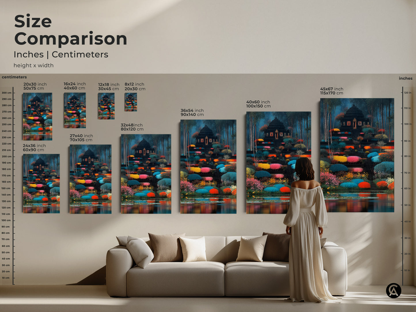 A size comparison showcasing the canvas print in various dimensions. See how the fantasy temple wall art transforms different spaces. A great choice for eclectic home decor or a housewarming present for him.