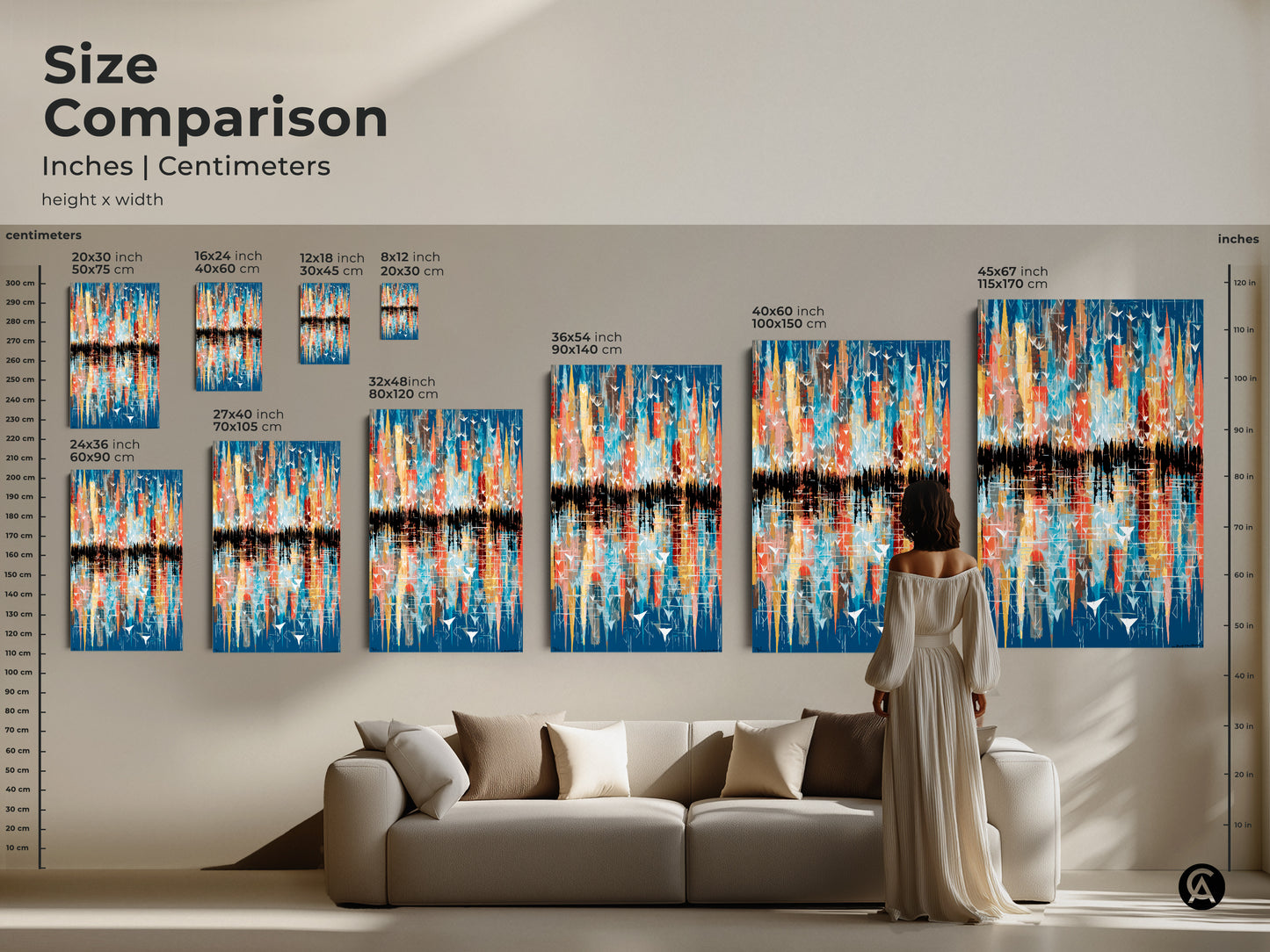 Size comparison of modern abstract art in inches and centimeters. This geometric teal yellow orange bird cityscape reflection transforms any room. This artwork enhances your living space. Ideal for contemporary home decor.