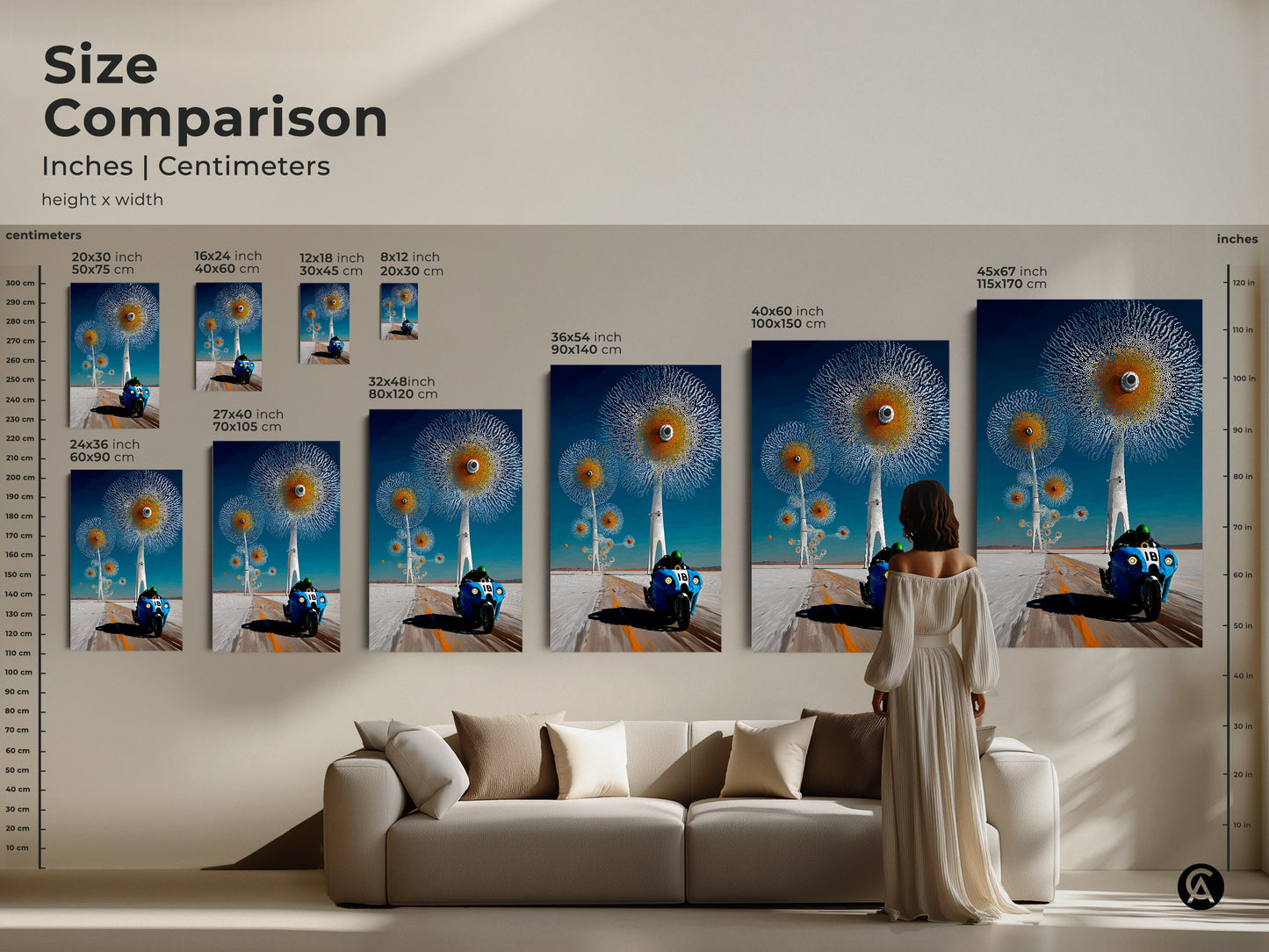 A size comparison shows surreal motorcycle canvas and posters in a living room setting. This blue orange art and futuristic dandelion artwork is perfect for any room. Visualize the impact of this abstract automotive art on your home decor.