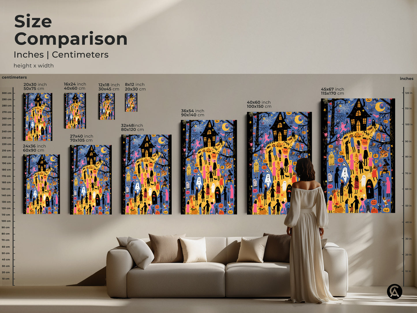 Halloween Wall Art Size Comparison. The image displays the art in various sizes. A person stands next to the artwork for scale and features ghosts pumpkins and a haunted house. See the art in eclectic blue orange and yellow bringing Halloween charm to any room. Perfect for a kids room or festive decor.