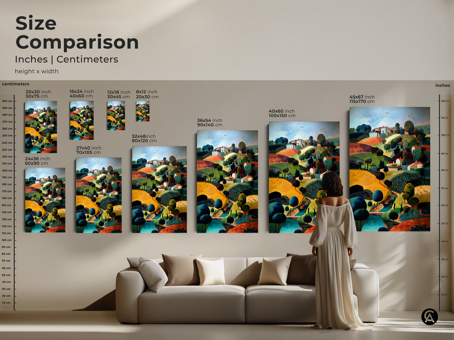 Size comparison of folk art landscape prints in inches and centimeters. See how different sizes fit above a sofa. This countryside village artwork is available in various dimensions. Choose the perfect size for your eclectic home decor. Visualize the impact of this naive art piece.