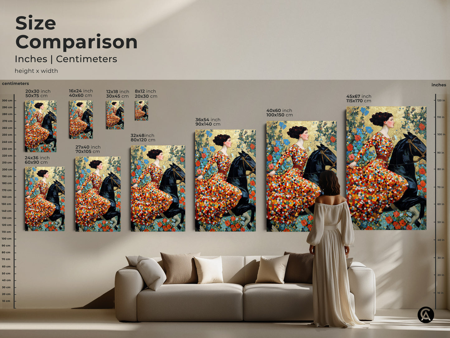 Size comparison of art nouveau woman horse canvas prints. Various sizes are displayed in inches and centimeters. See how the artwork fits above a couch. Find the perfect dimensions for your eclectic bedroom decor. Discover luxury wall art for your home.
