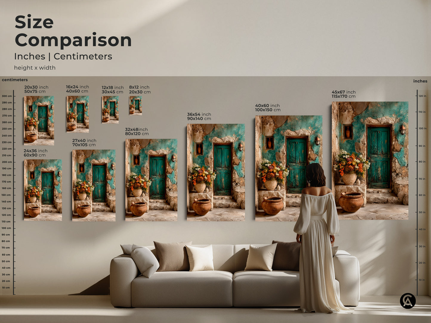 Size comparison of Mediterranean art prints in inches and centimeters. See how canvas sizes range from small to extra-large. The artwork features a rustic teal door and vibrant flowers. Ideal for adding a touch of boho charm to any room.